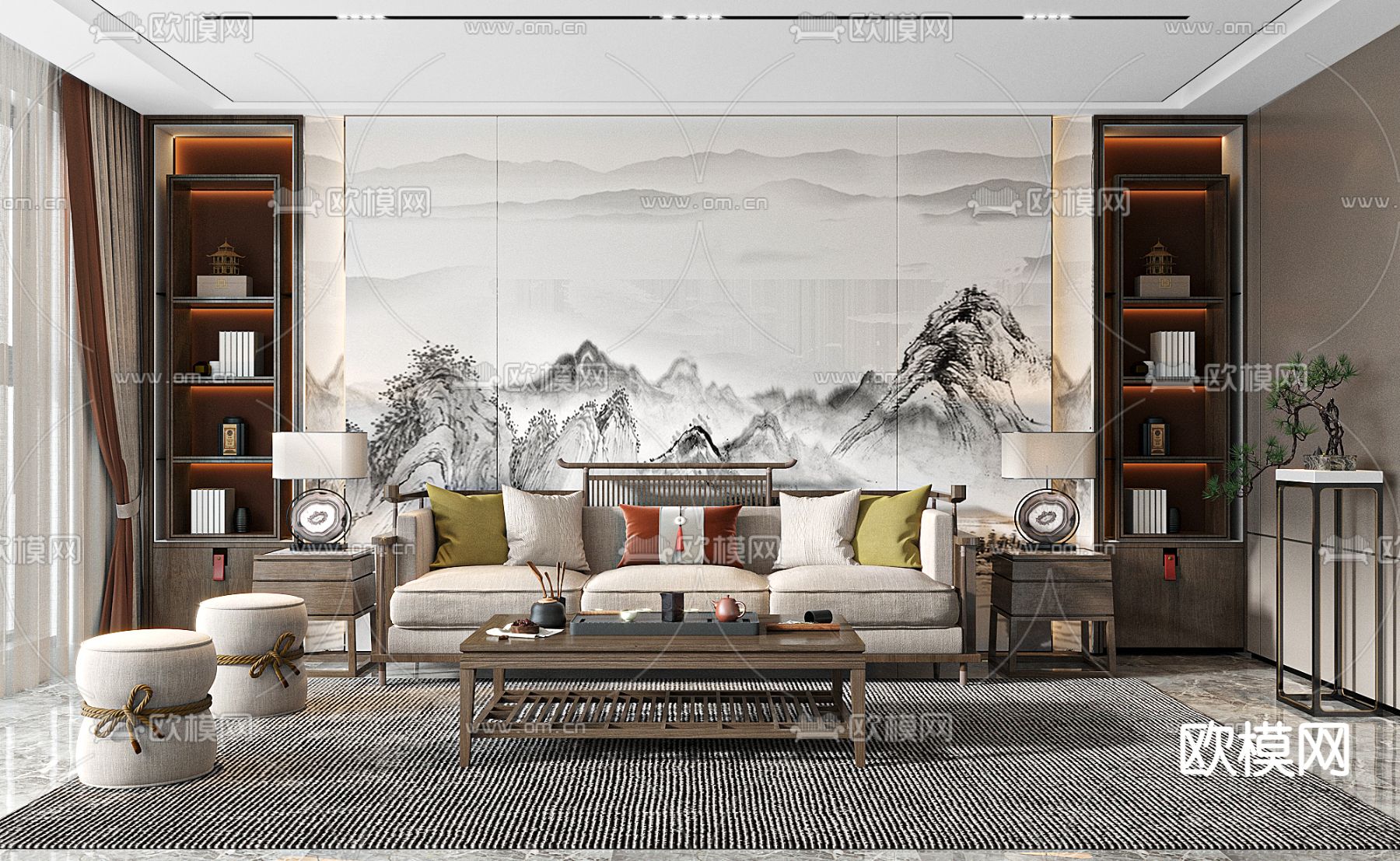 新中式客厅su模型下载（渲染图1）
