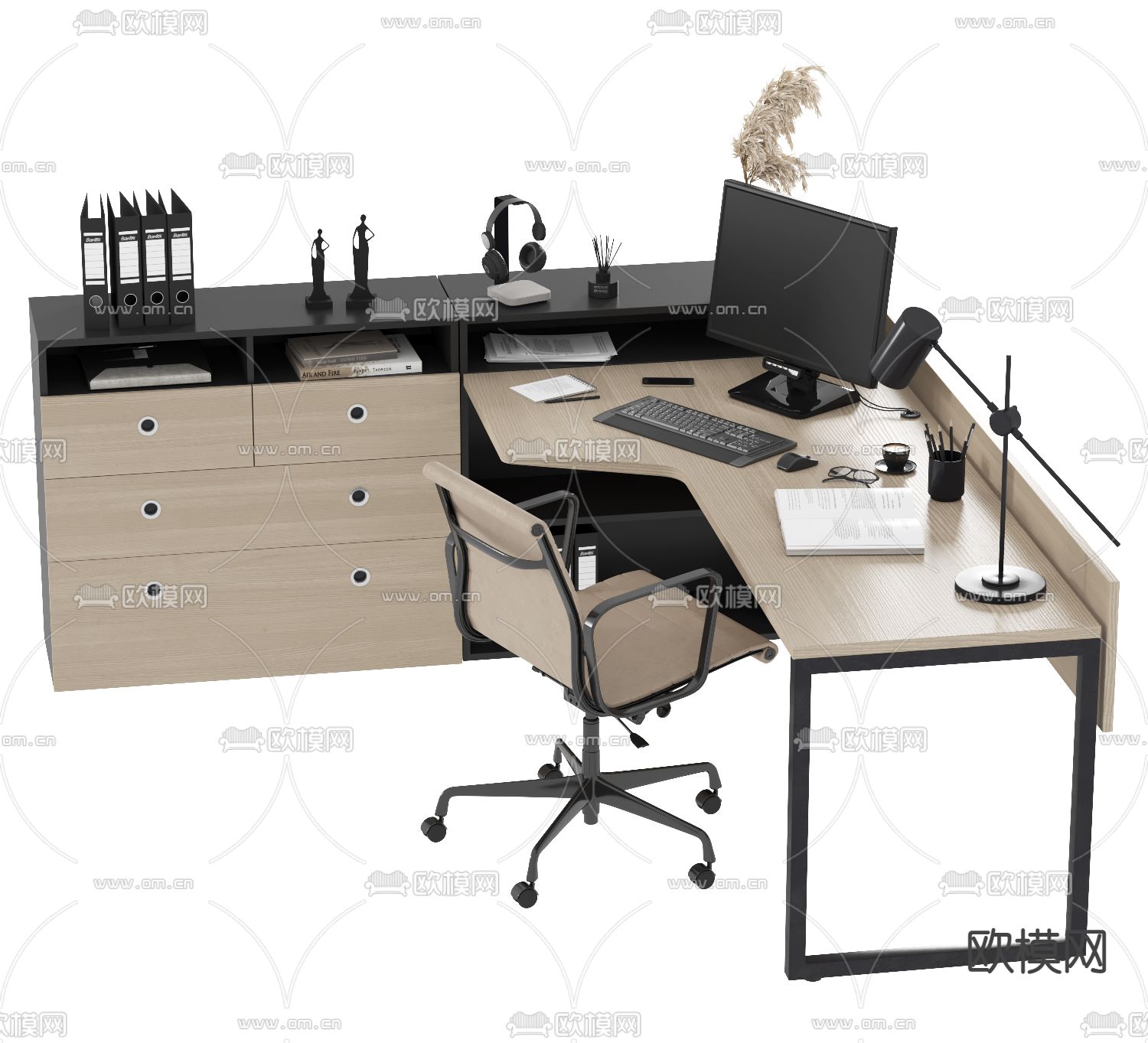 现代大班台 办公桌椅3d模型下载（渲染图2）