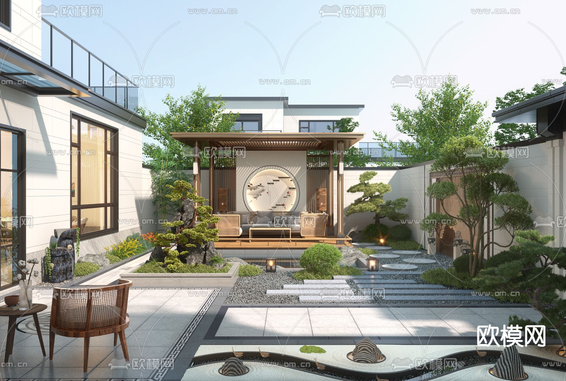 新中式别墅庭院景观3d模型下载_ID12133865_3dmax免费模型-欧模网