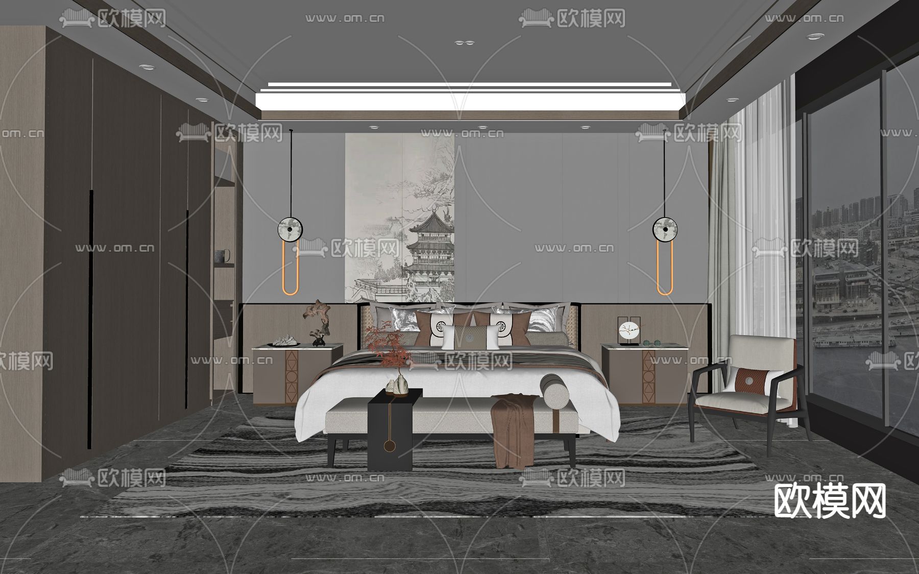 新中式卧室su模型下载（渲染图2）