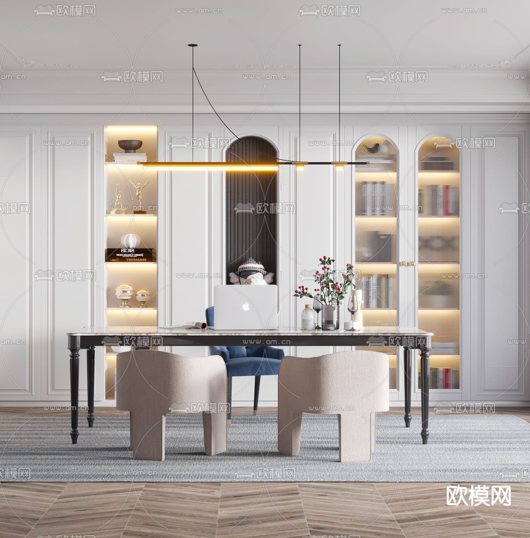 简欧轻奢书房3d模型下载（渲染图2）