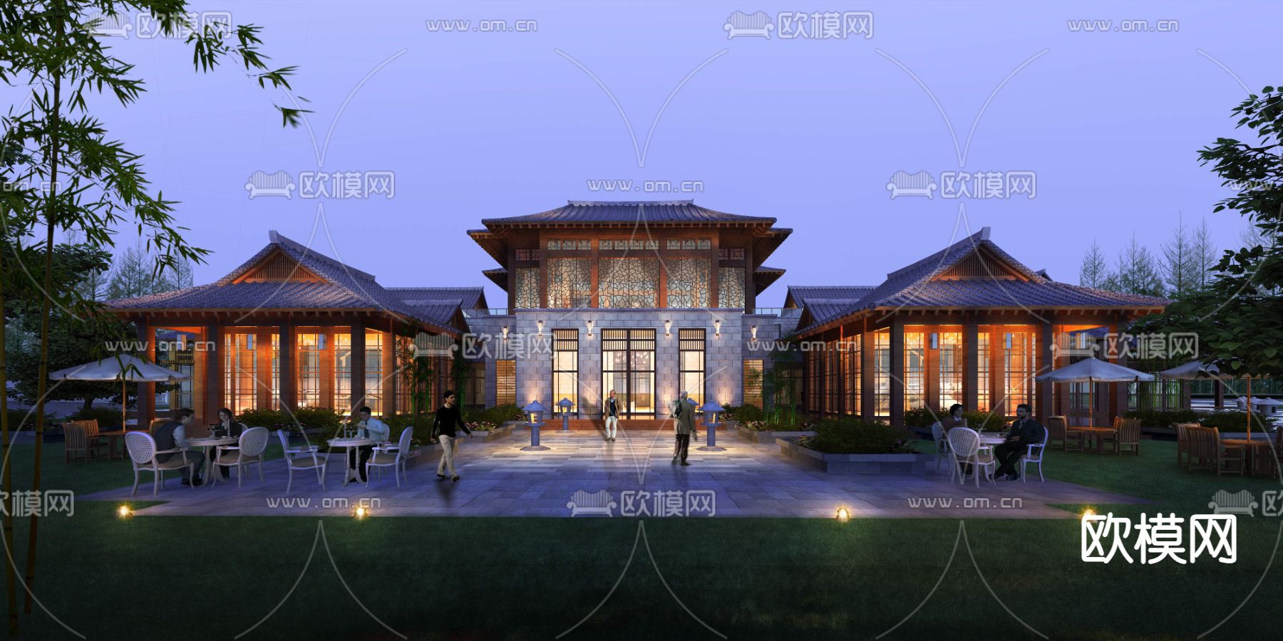 中式建筑景观外观夜景psd下载