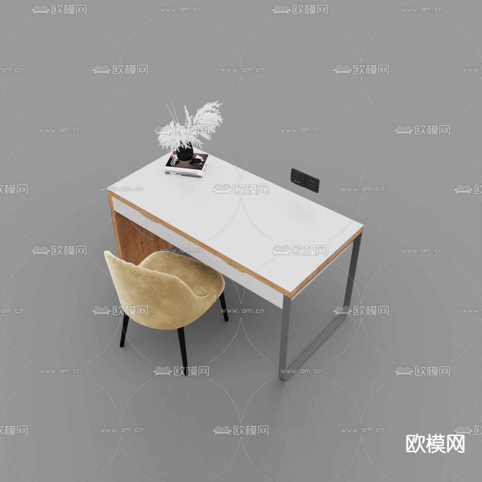 北欧简约实木不锈钢布艺书桌椅免费3d模型