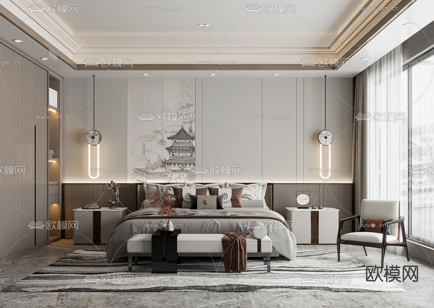 新中式卧室su模型下载（渲染图1）