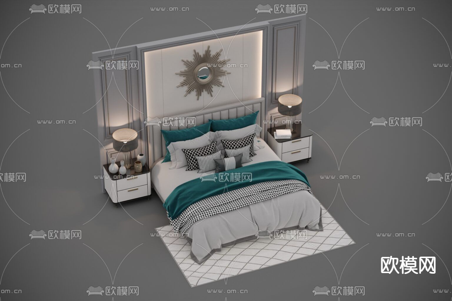 简欧实木背景墙皮革布艺双人床免费3d模型下载