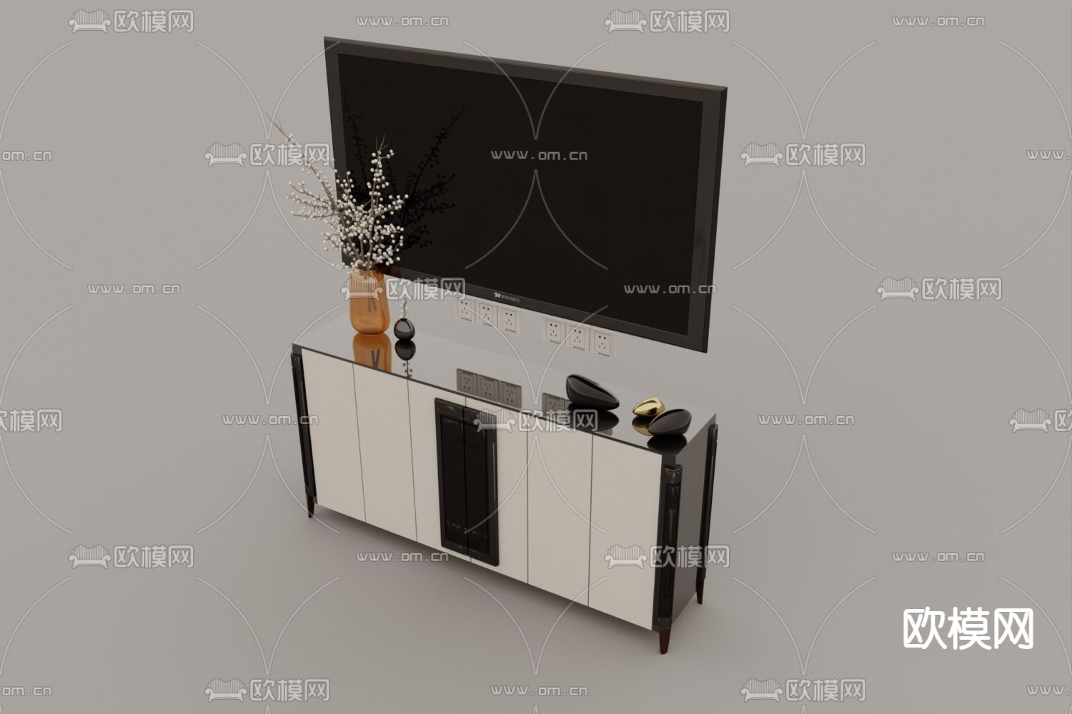 新中式轻奢实木玻璃电视柜免费3d模型下载