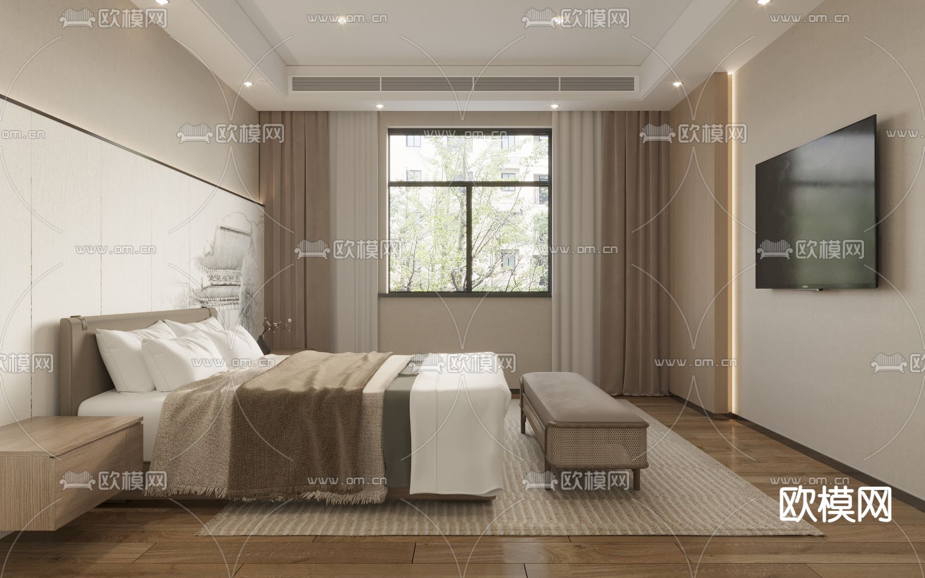 新中式酒店客房3d模型下载