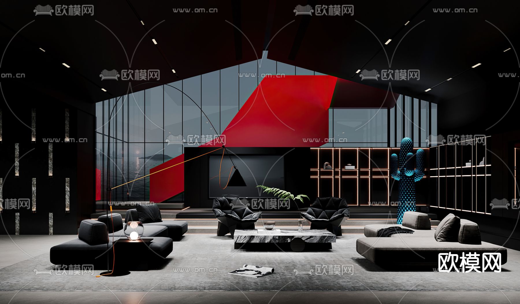 现代暗黑风客厅3d模型下载