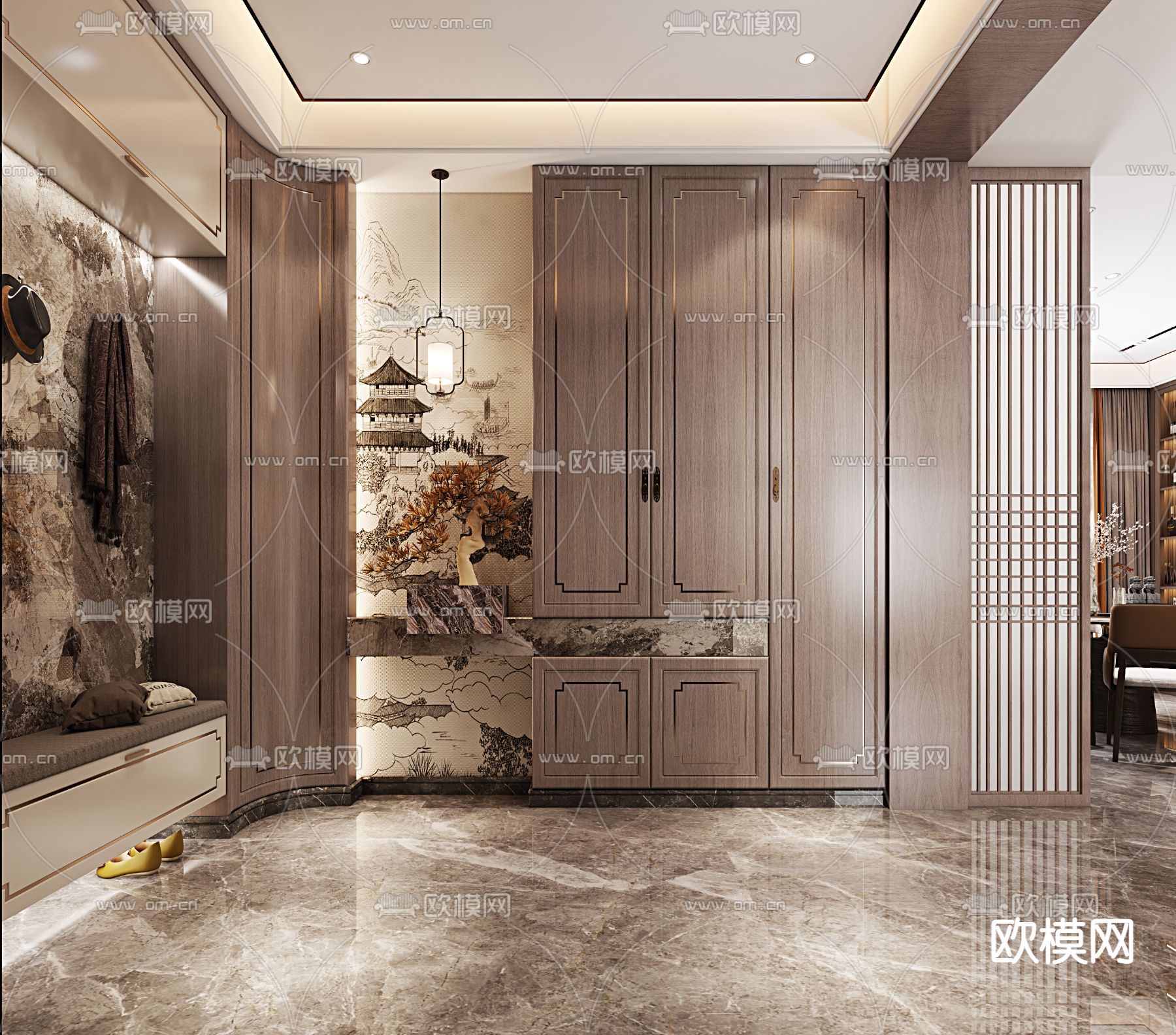 新中式玄关过道3d模型下载