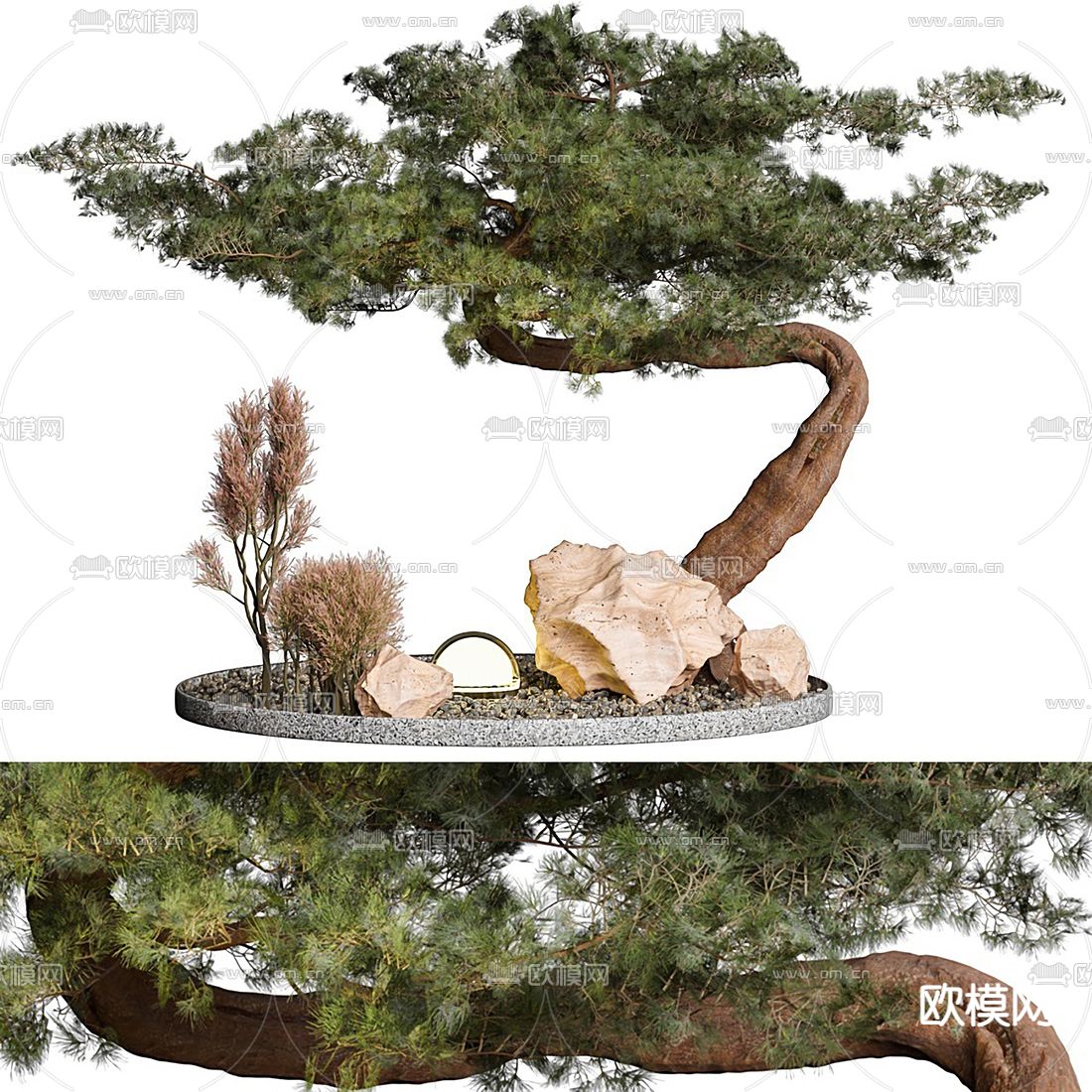 新中式松柏庭院小品3d模型下载_ID12138529_3dmax免费模型-欧模网