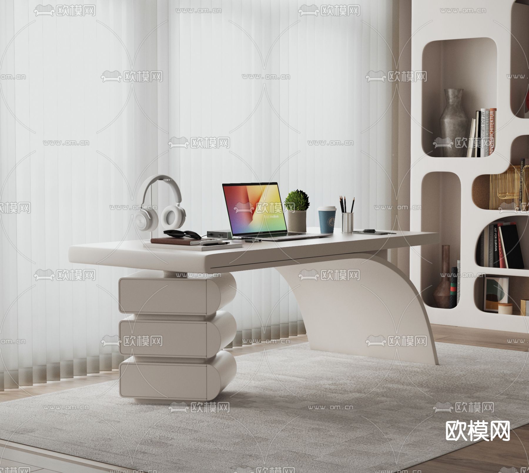 奶油风书桌 写字台3d模型下载