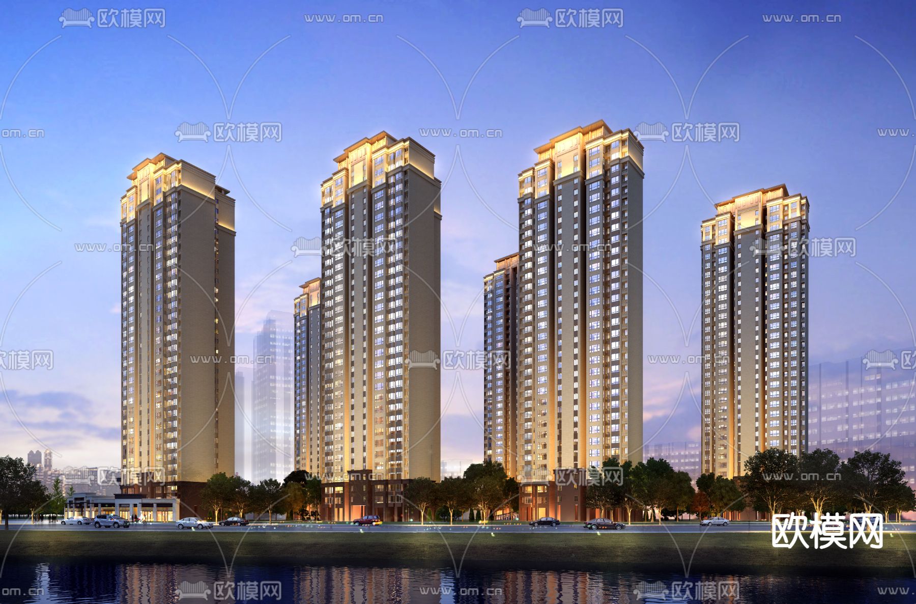 简欧高层住宅楼夜景3d模型