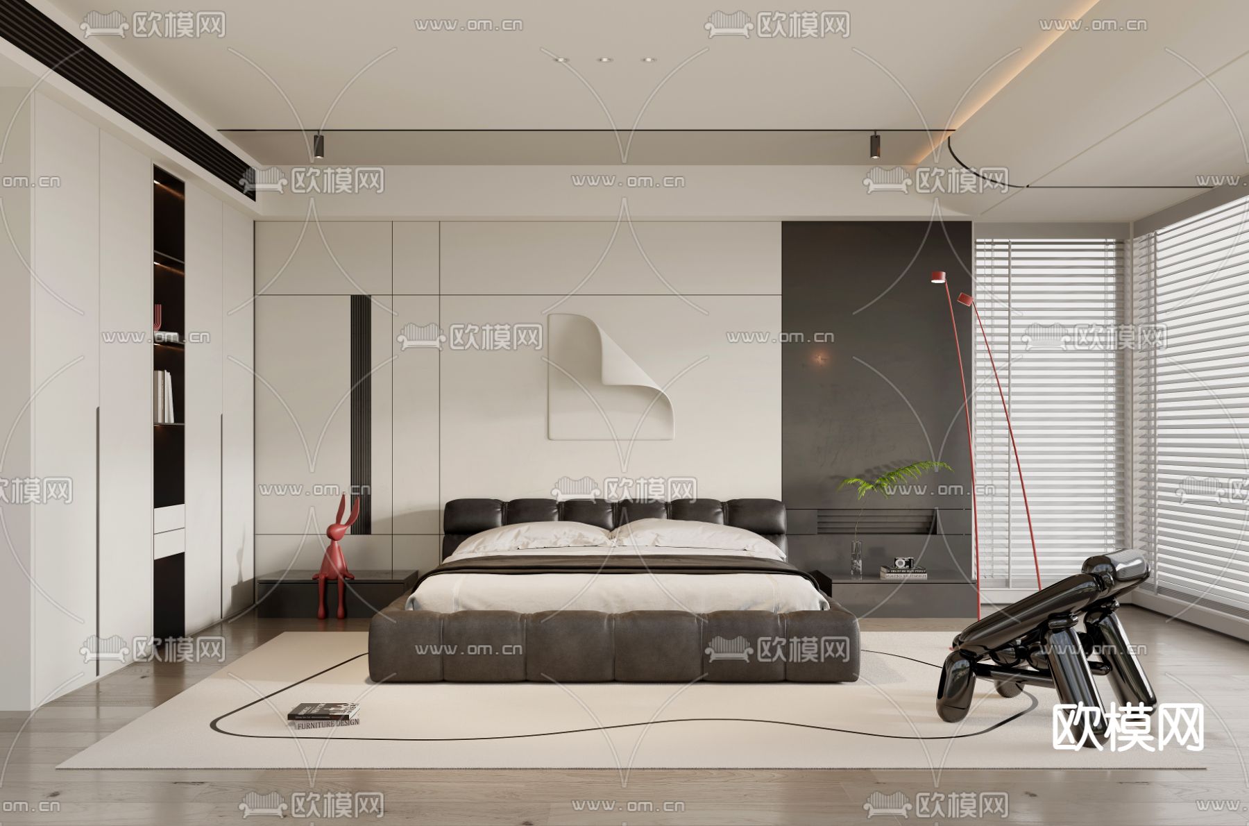 现代黑白灰卧室3d模型下载_ID12138405_3dmax免费模型-欧模网