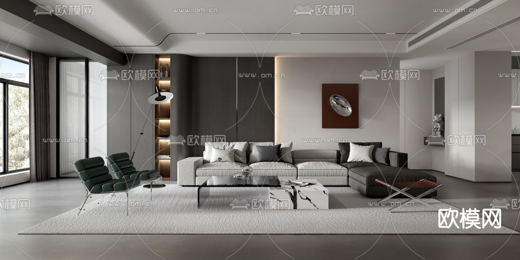 现代高级灰客厅餐厅3d模型
