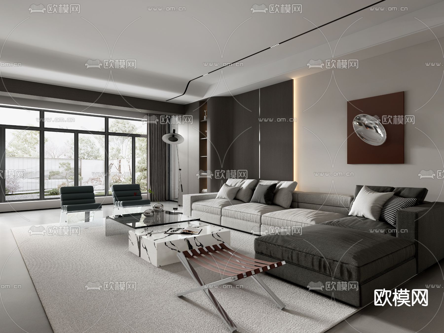现代高级灰客厅餐厅3d模型