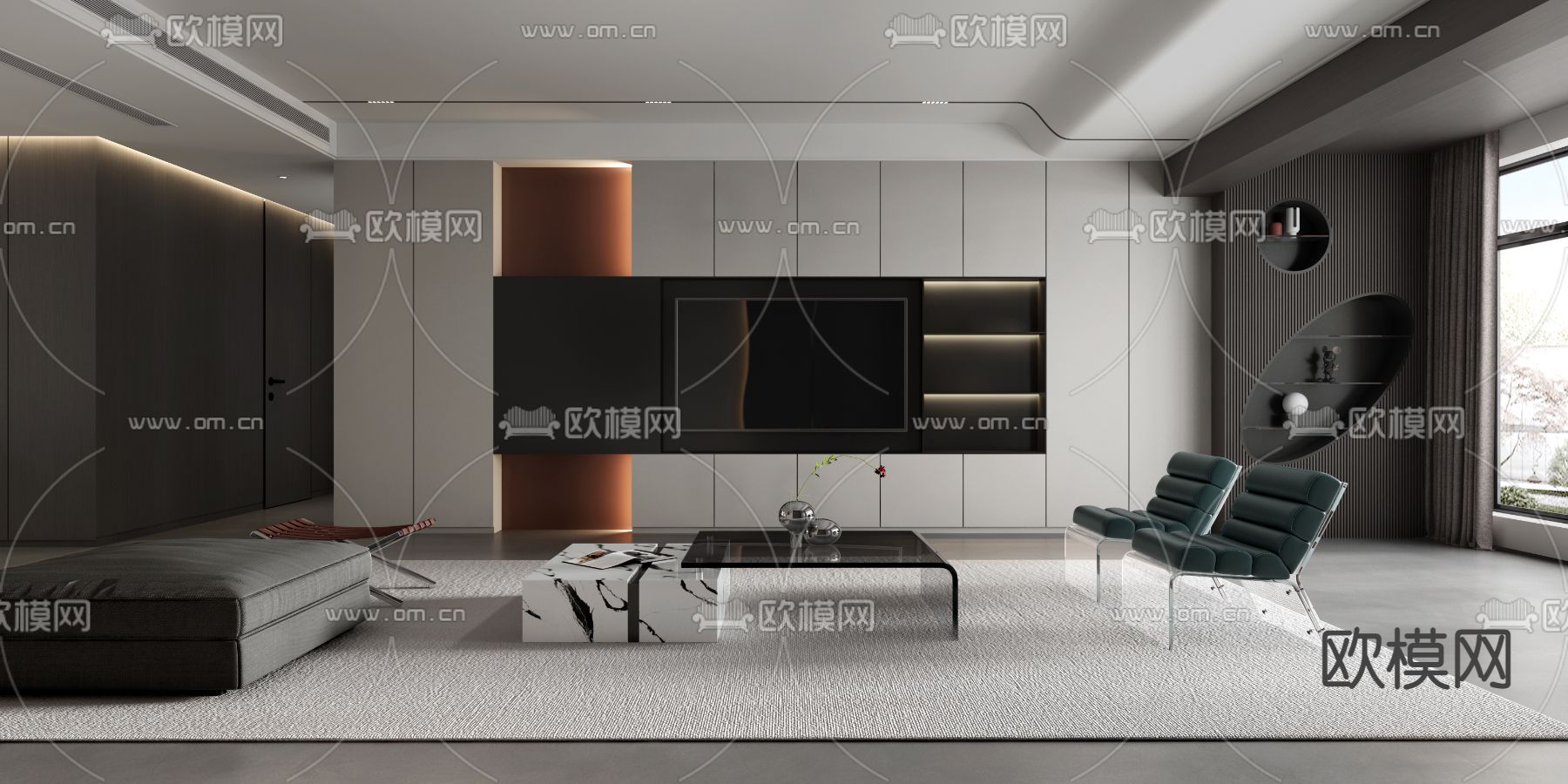 现代高级灰客厅餐厅3d模型