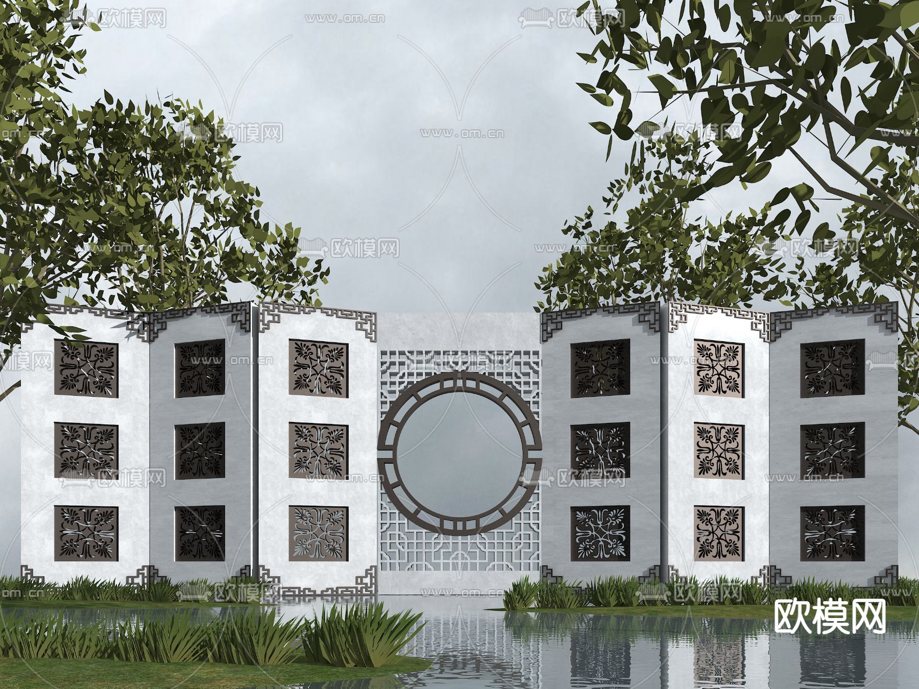 新中式景墙小品3d模型下载