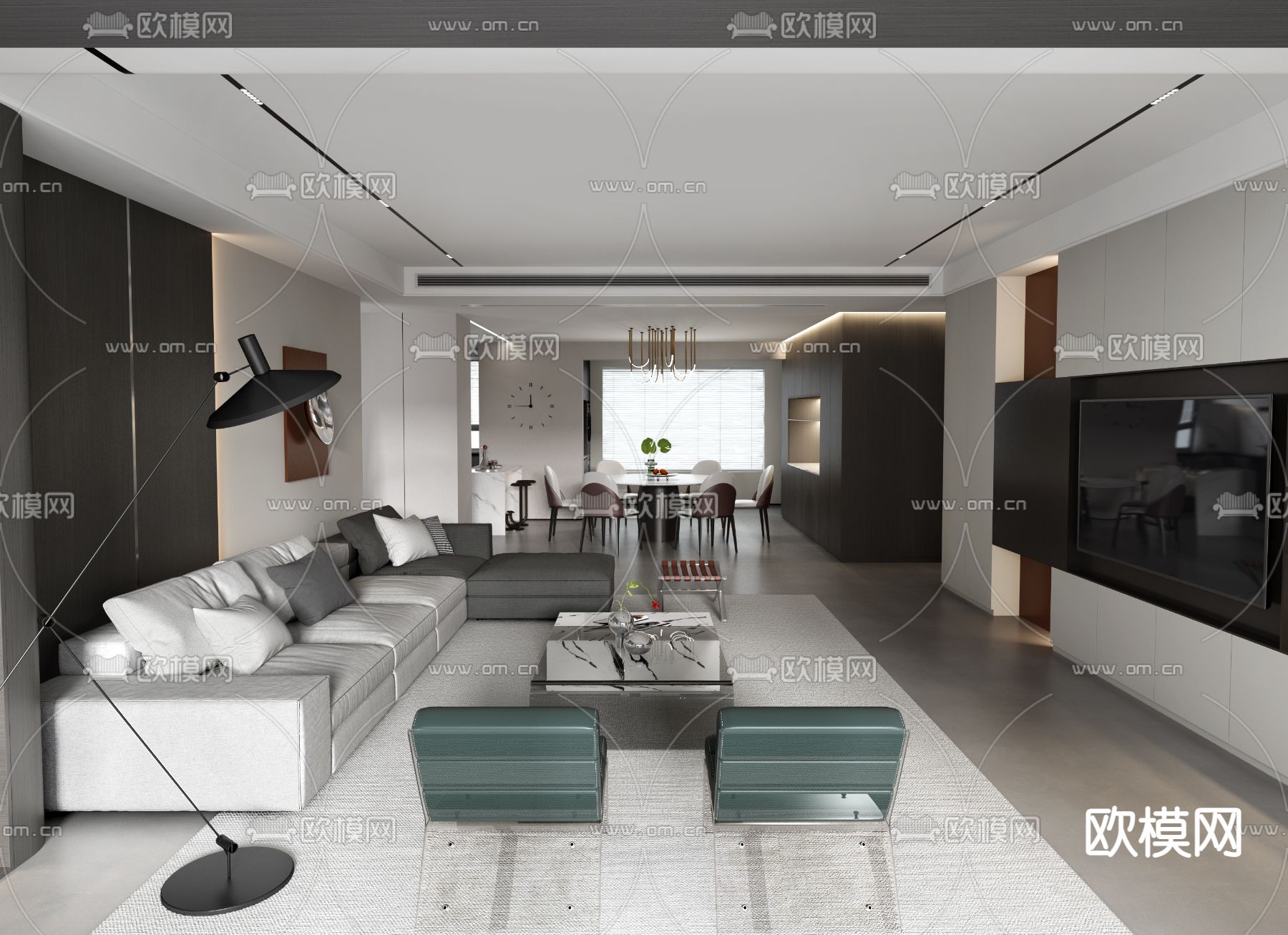 现代高级灰客厅餐厅3d模型