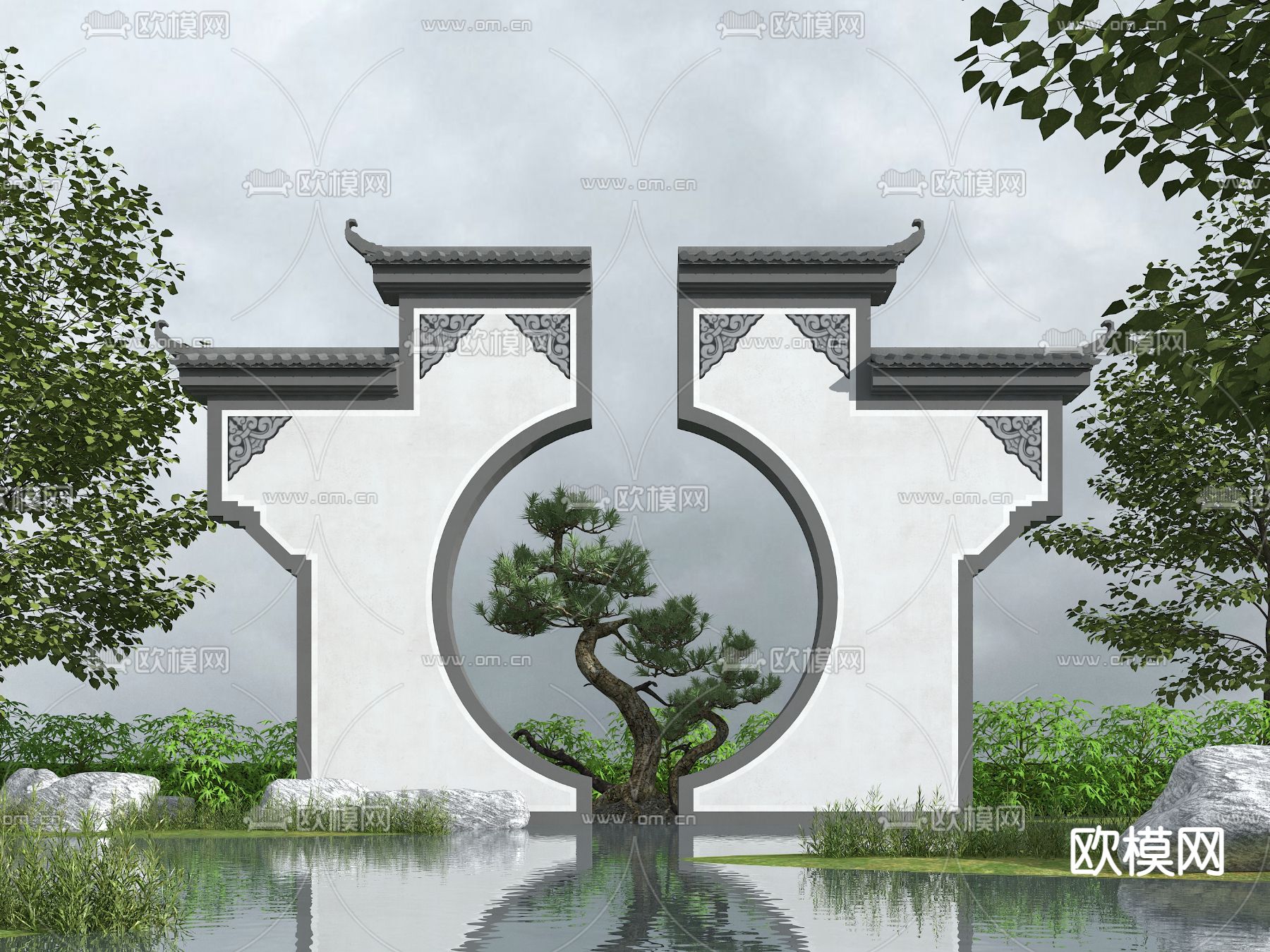 新中式月亮门景墙小品3d模型下载_ID12138835_3dmax免费模型-欧模网