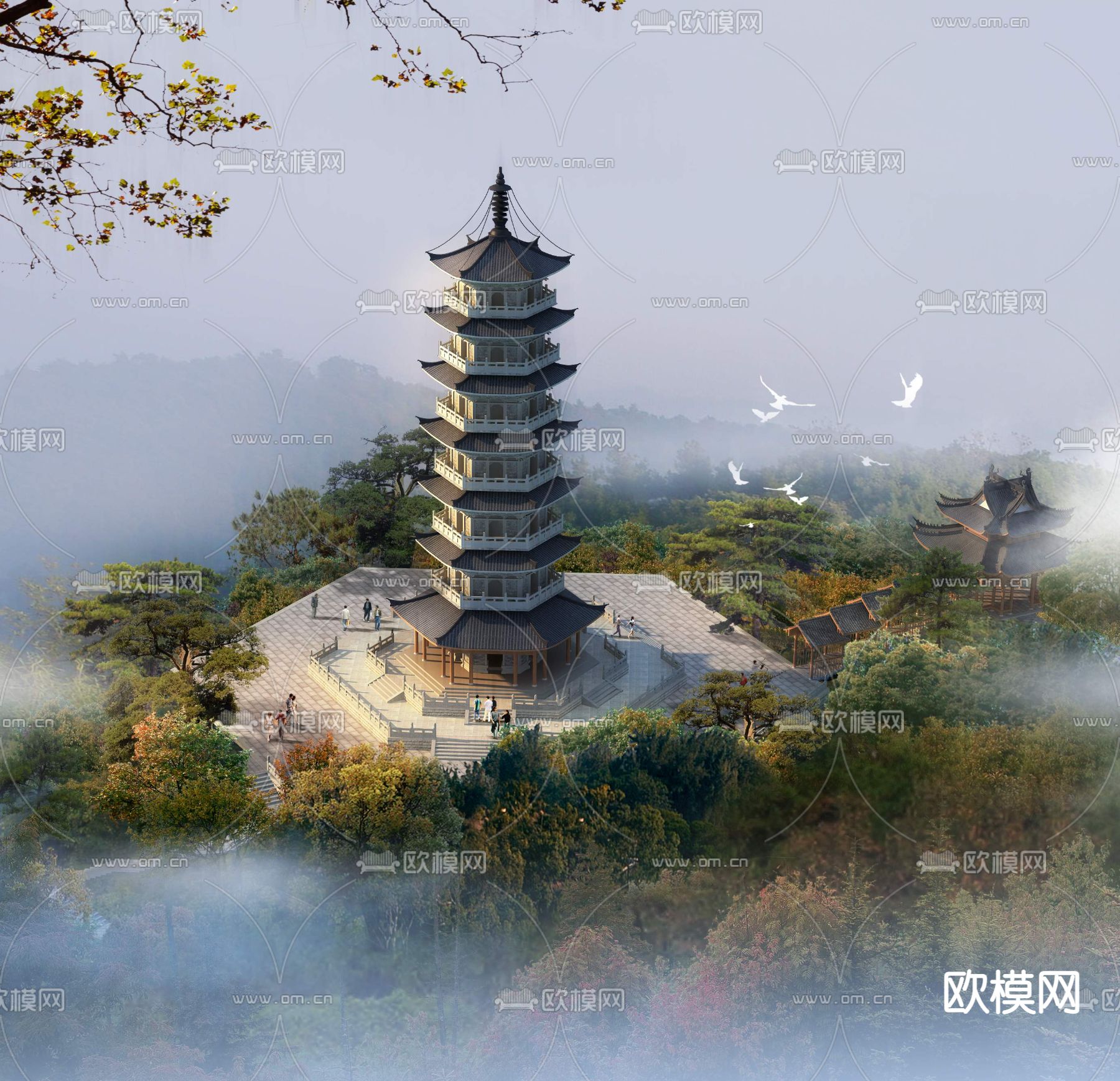 中式宝塔景观psd下载