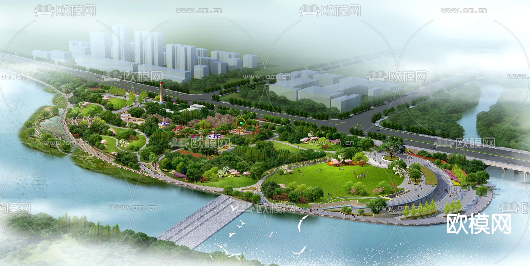 现代滨河公园景观鸟瞰psd下载