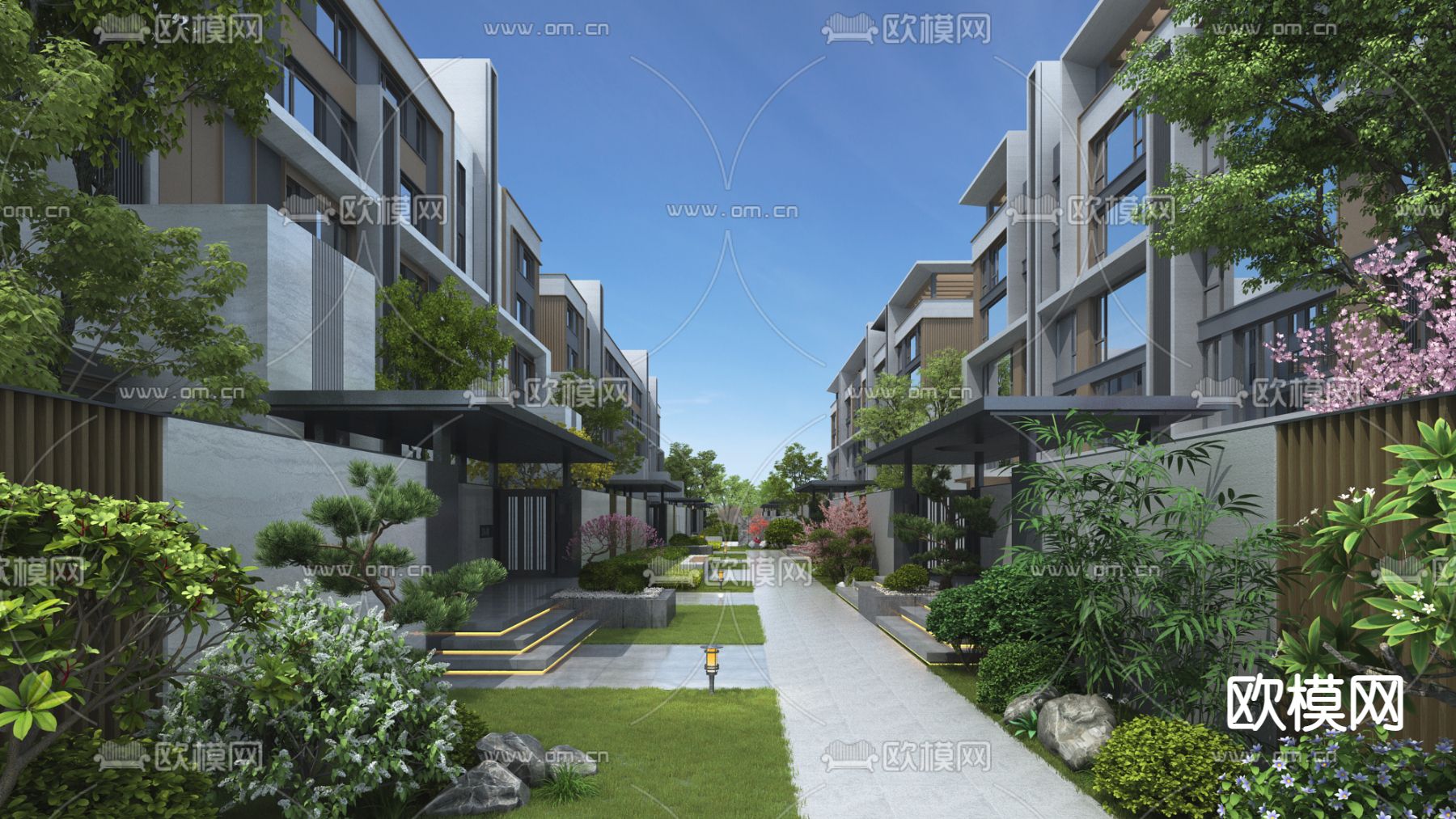 新中式别墅区园林景观3d模型下载