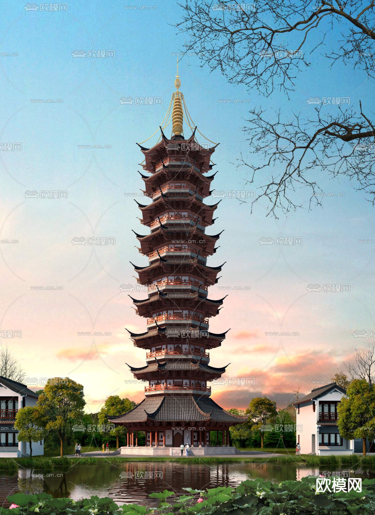 中式宝塔景观psd下载