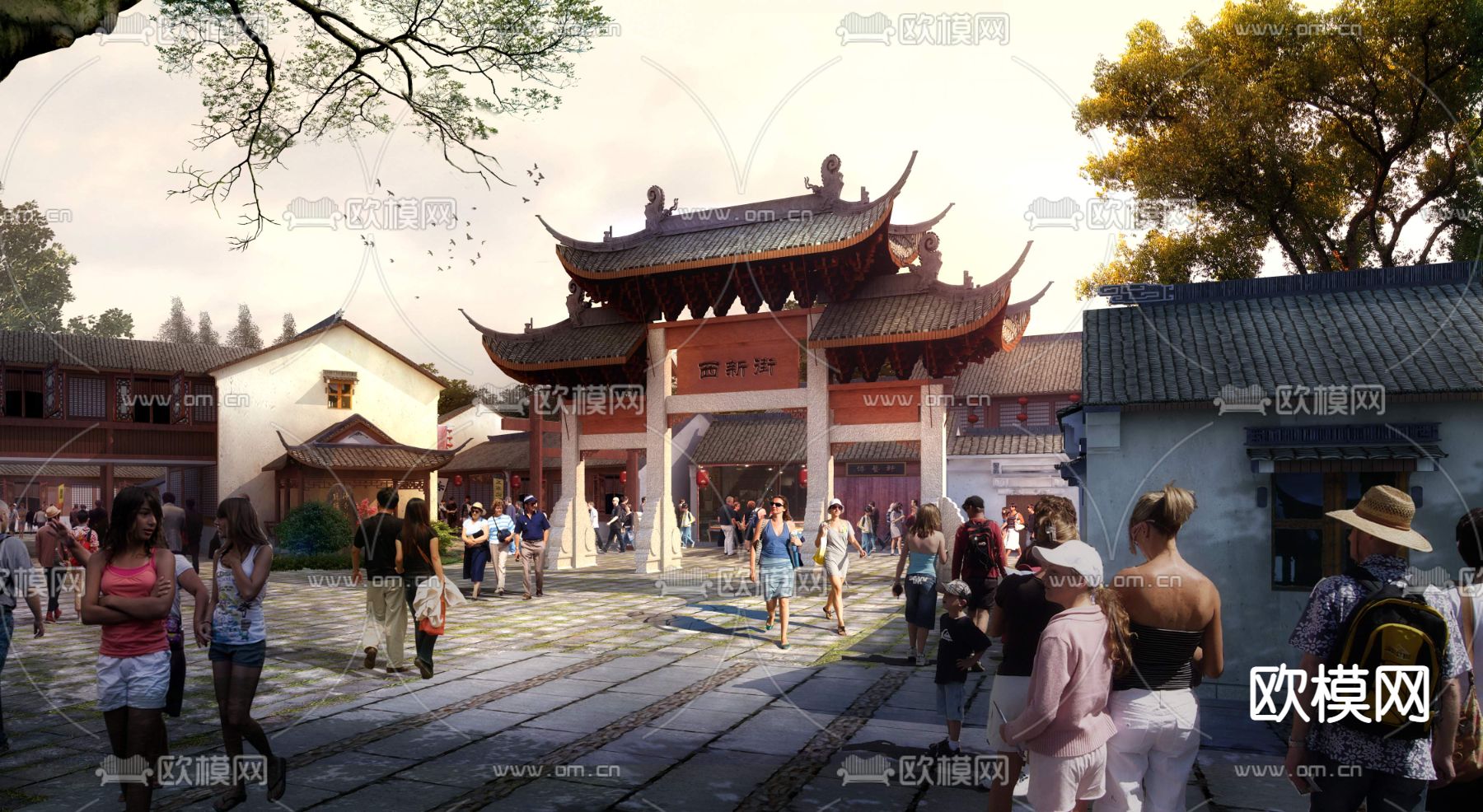 中式古镇街道景观psd下载