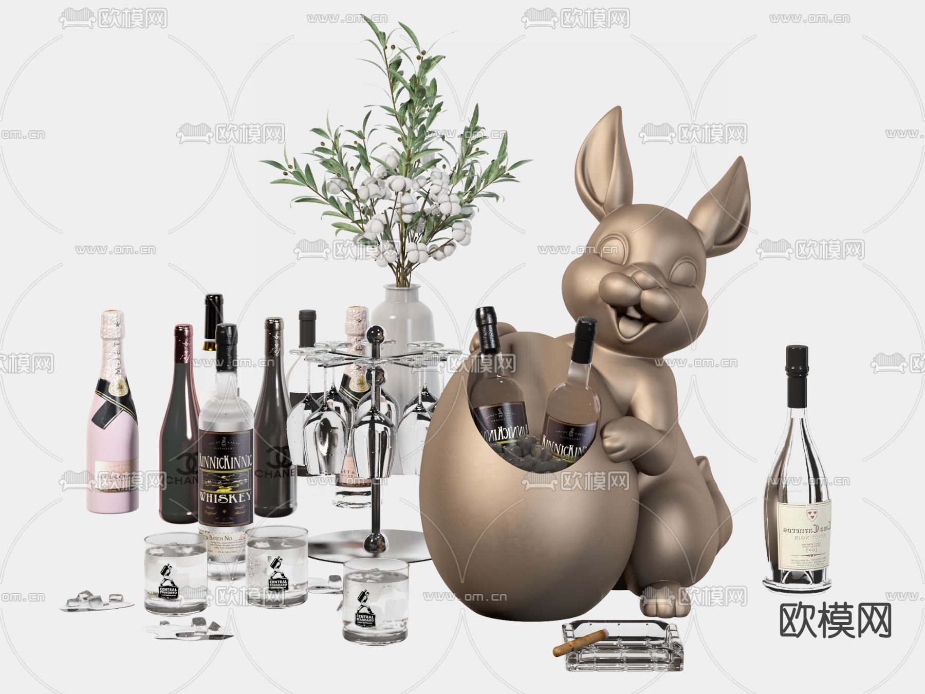 现代红酒洋酒兔子摆件3d模型下载