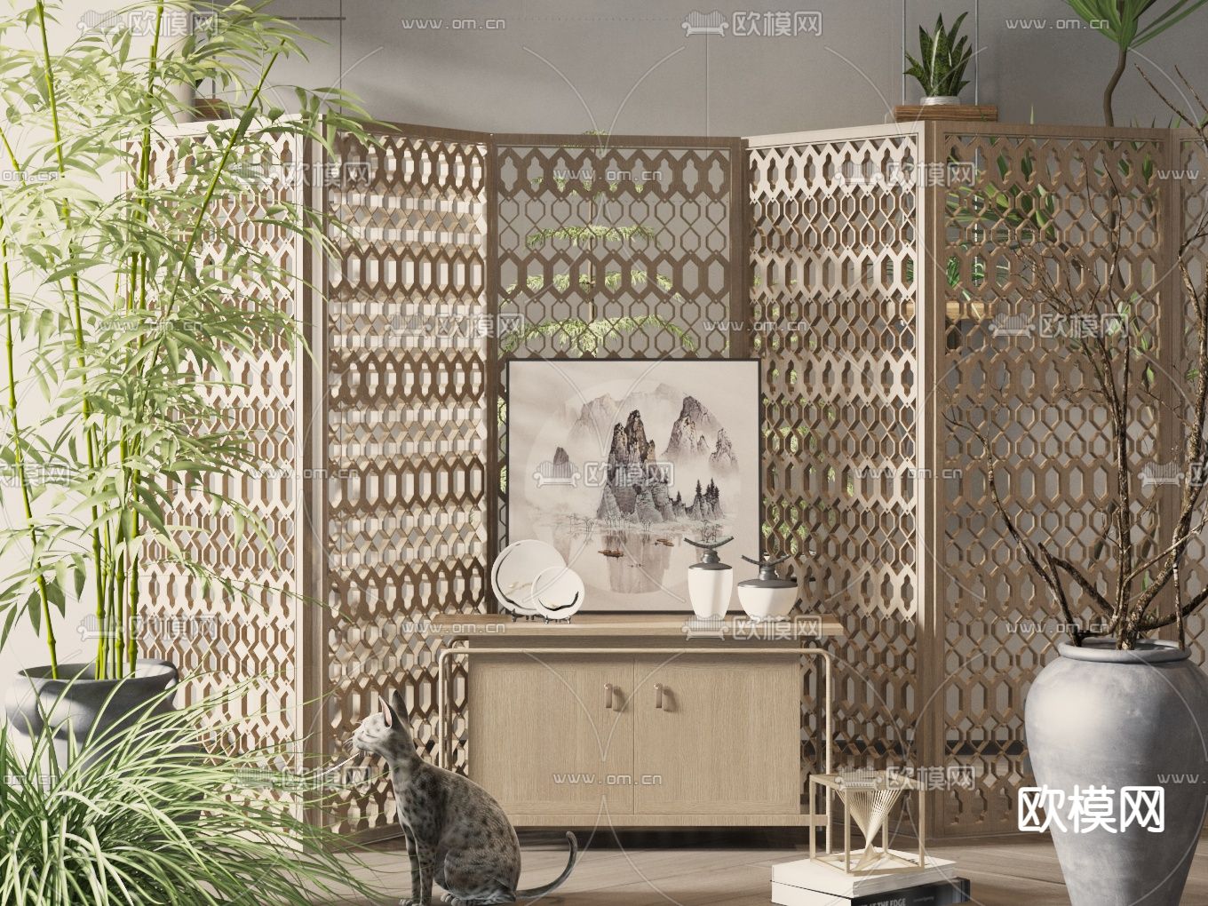 新中式原木屏风 隔断3d模型下载