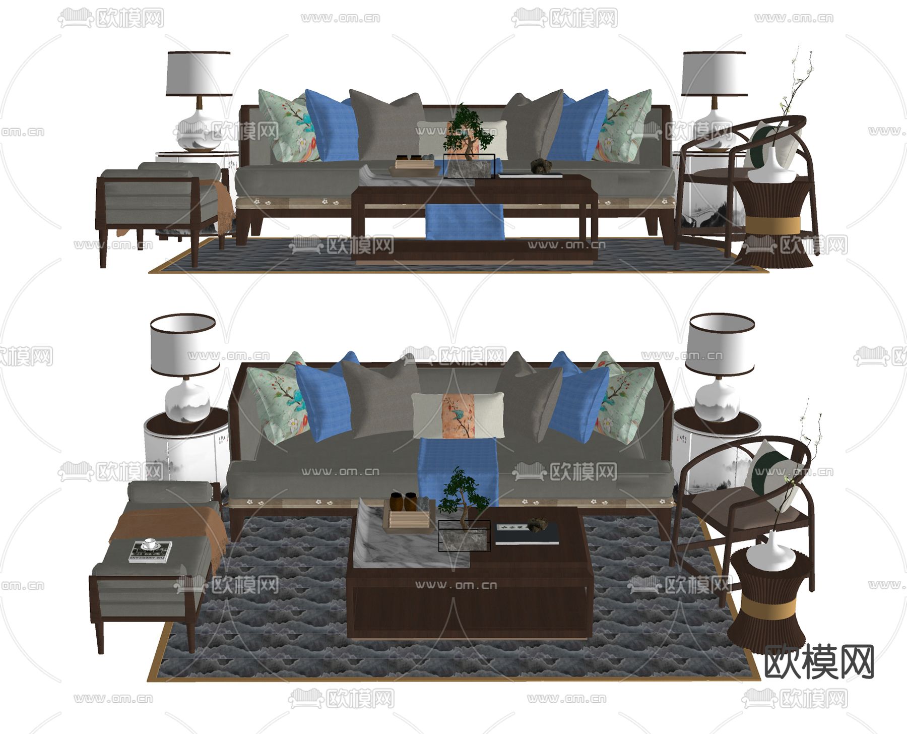 新中式沙发茶几组合su模型下载（渲染图2）