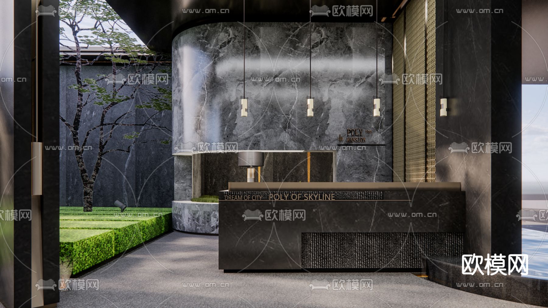 新中式售楼处景观su模型下载（渲染图1）