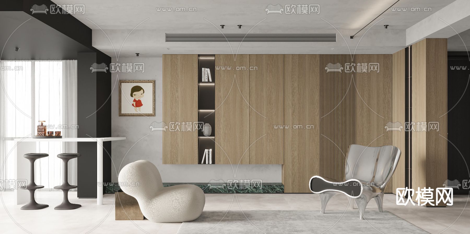 现代工业风客餐厅3d模型下载（渲染图3）