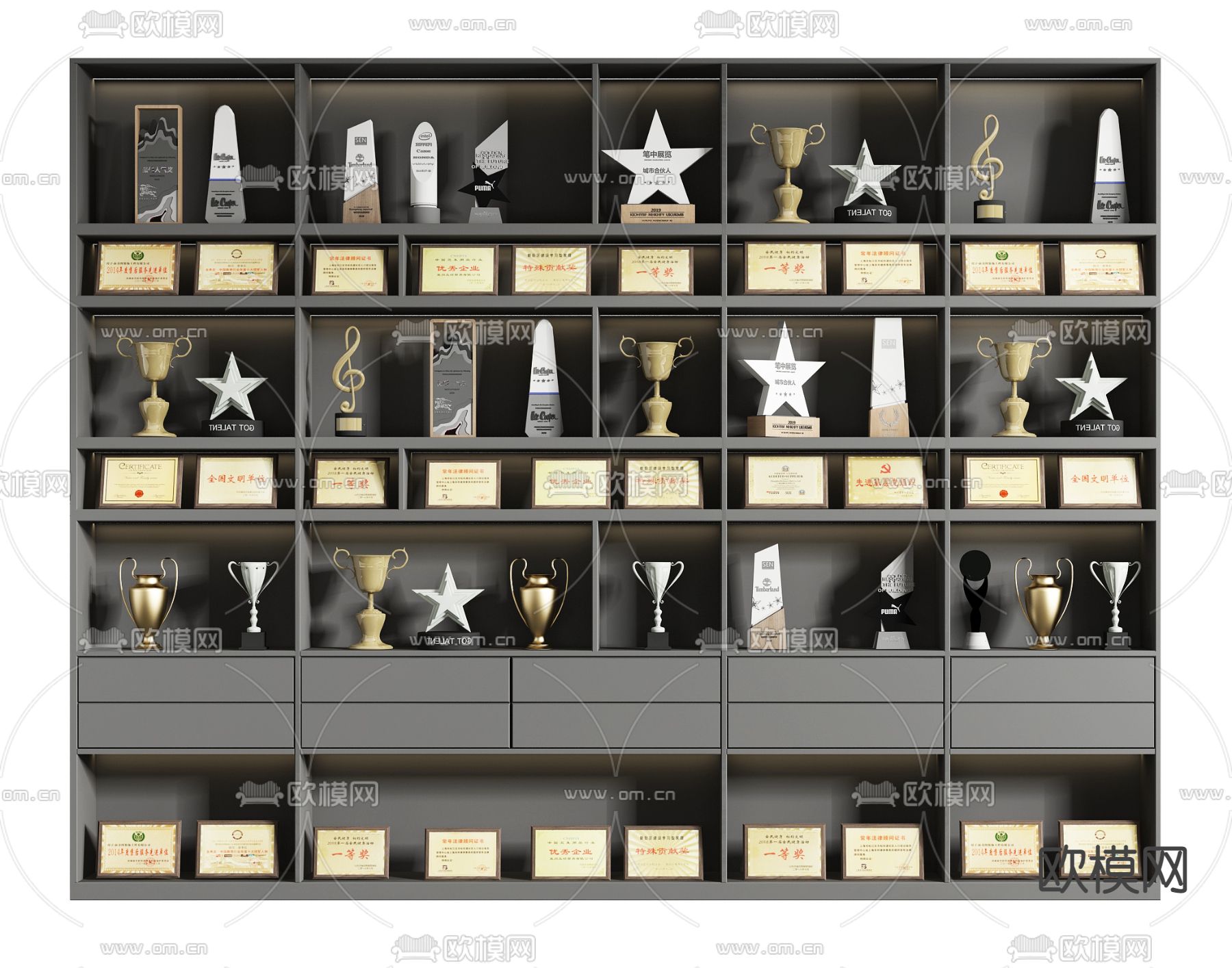 现代奖杯 奖状荣誉证书3d模型下载