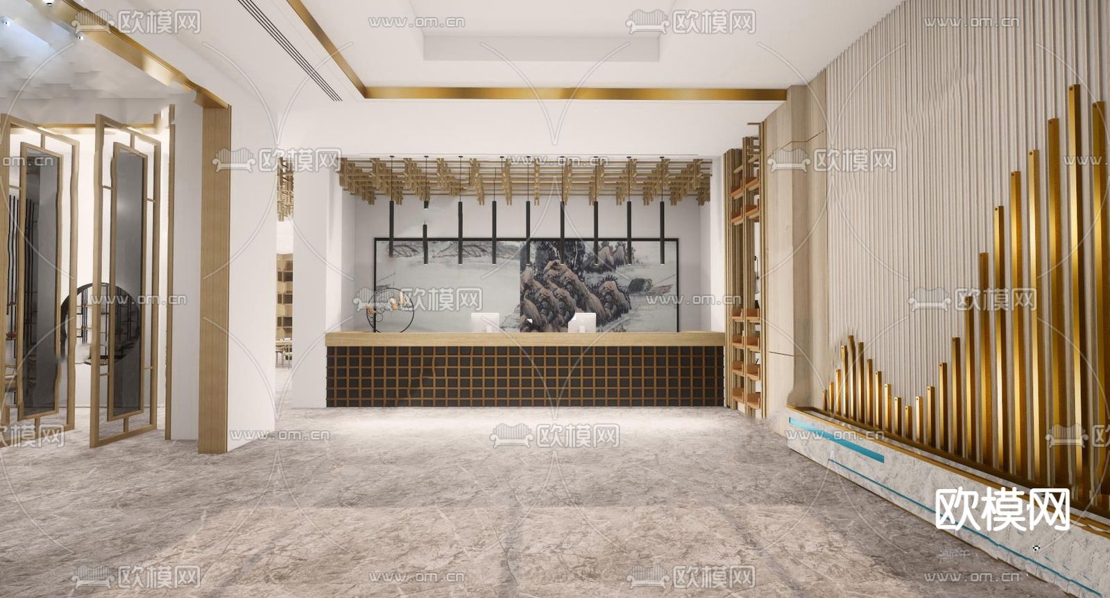 新中式酒店大堂su模型