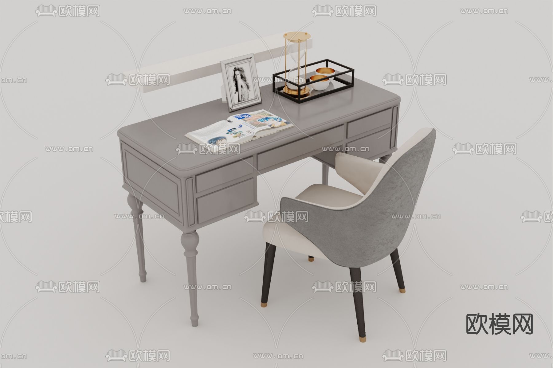 简欧创意实木书桌椅免费3d模型下载