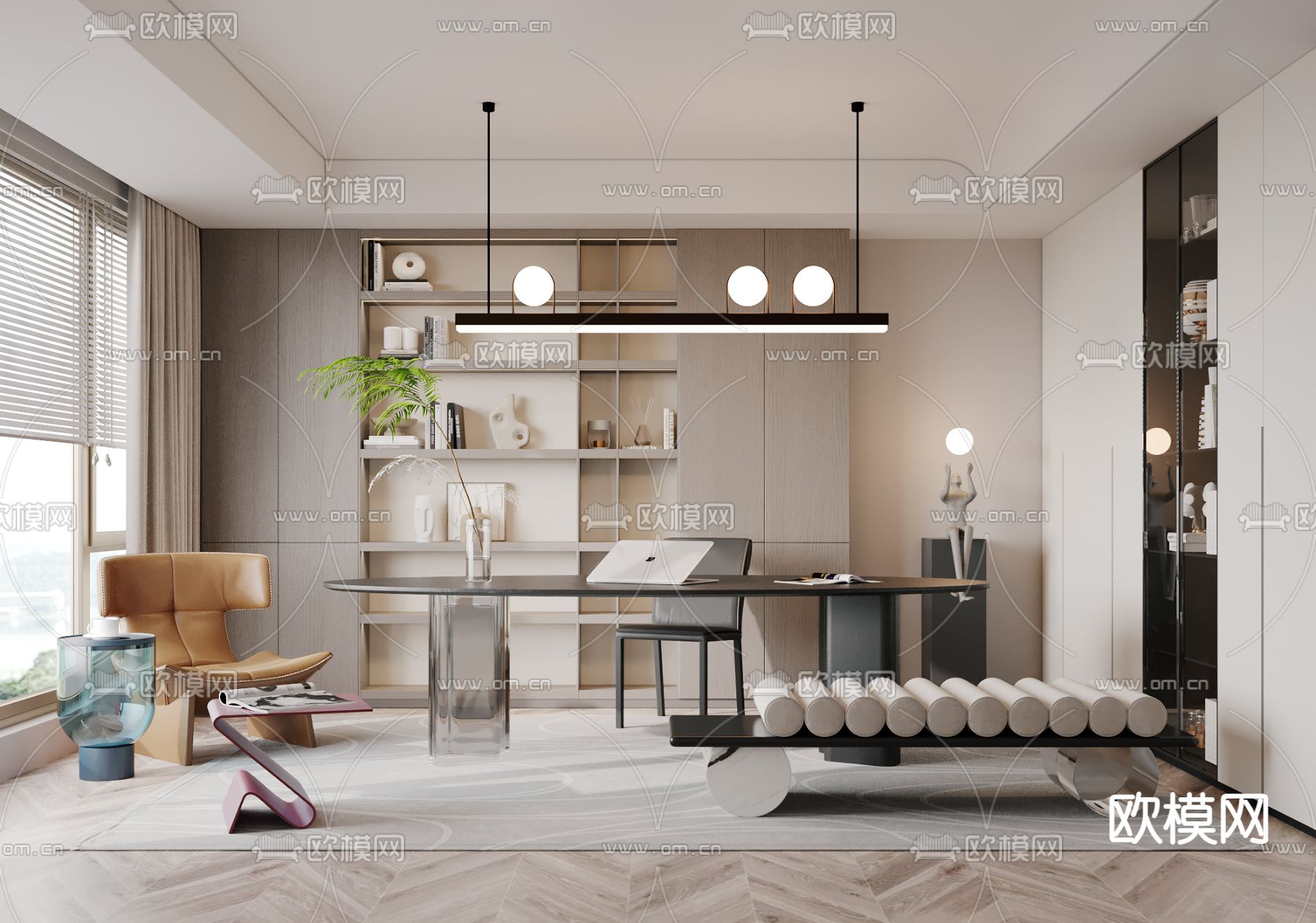 现代轻奢书房3d模型下载