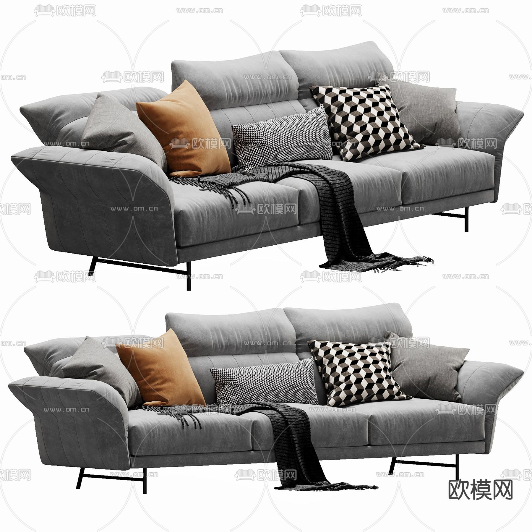 现代灰色布沙发 三人沙发3d模型下载（渲染图2）