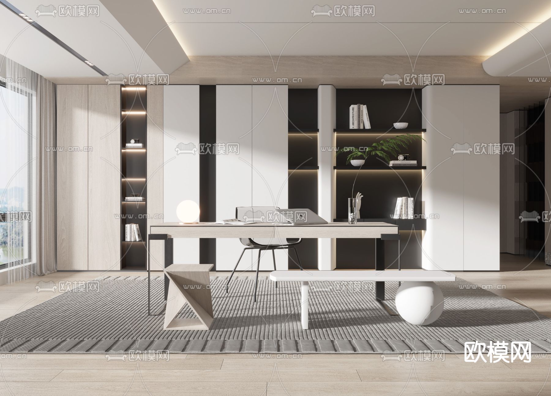 现代奶油风书房3d模型下载