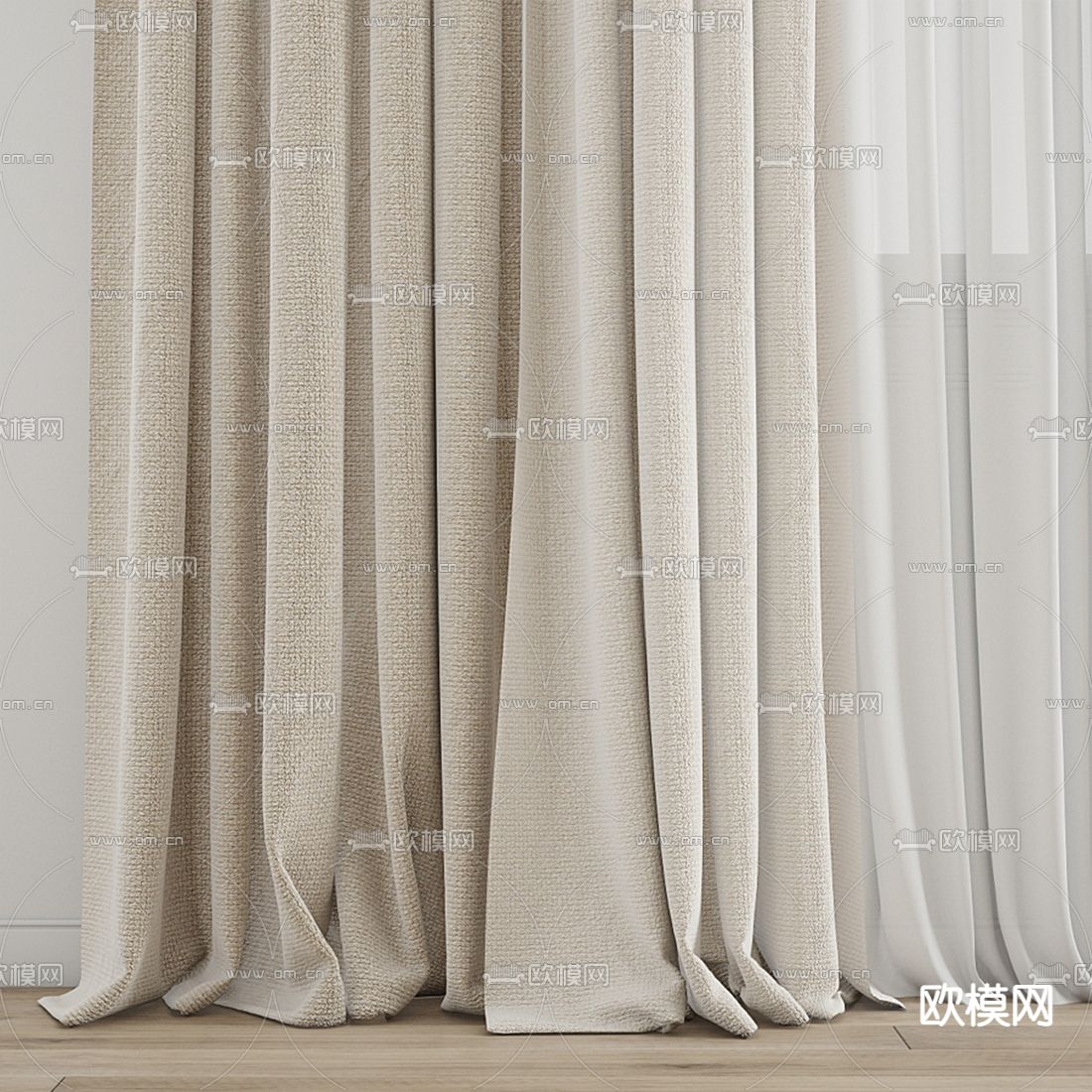 现代米色窗帘 纱窗3d模型下载（渲染图2）