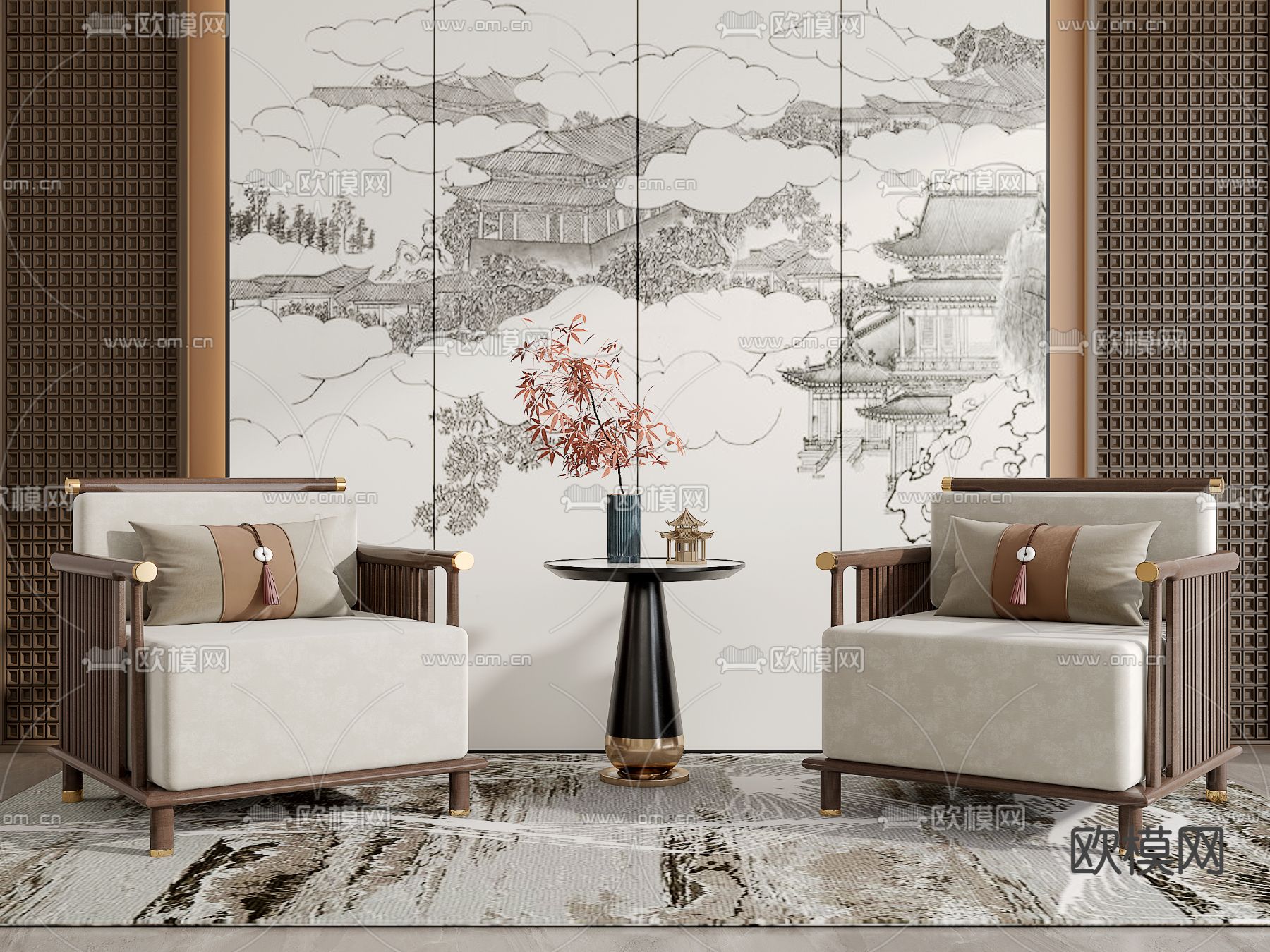 新中式单人沙发3d模型下载