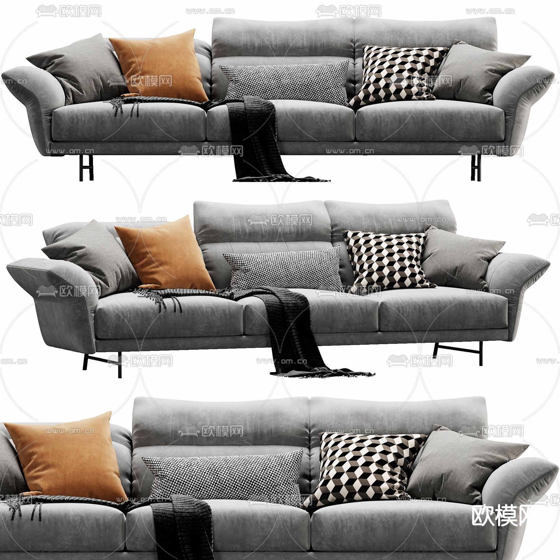 现代灰色布沙发 三人沙发3d模型下载（渲染图1）