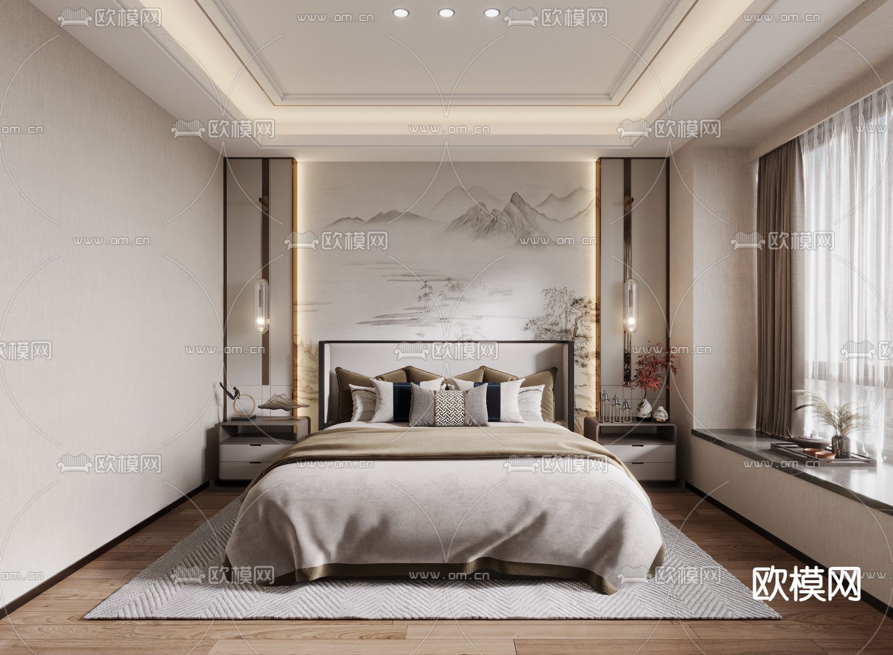 新中式卧室su模型下载（渲染图1）