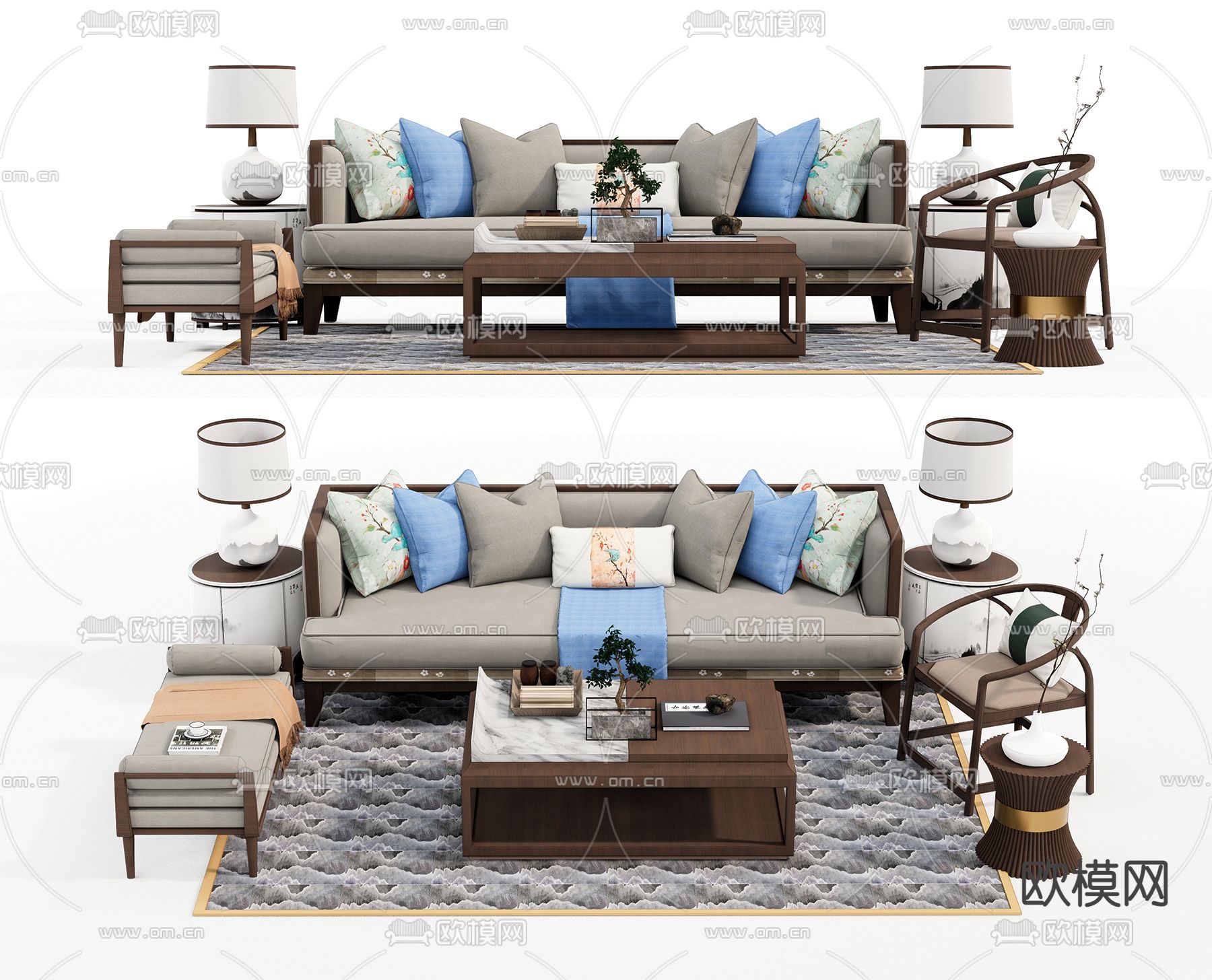 新中式沙发茶几组合su模型下载（渲染图1）