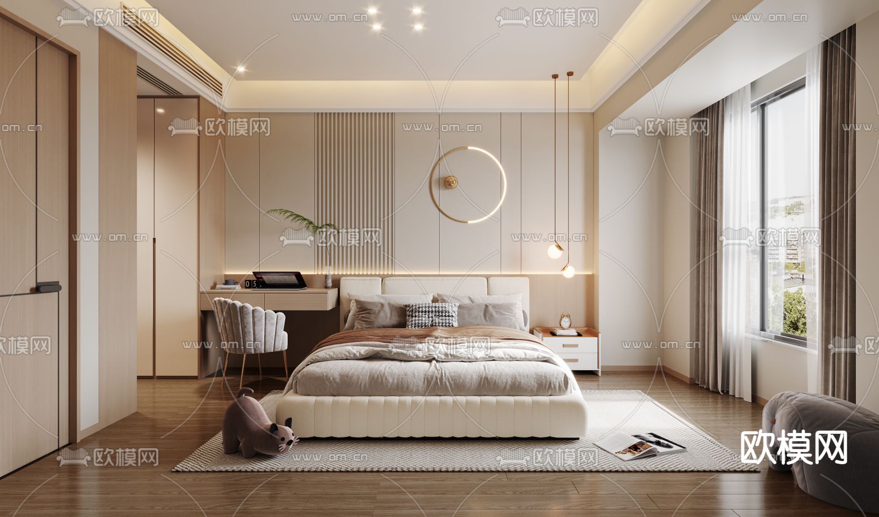 奶油风卧室主人房3d模型下载（渲染图1）
