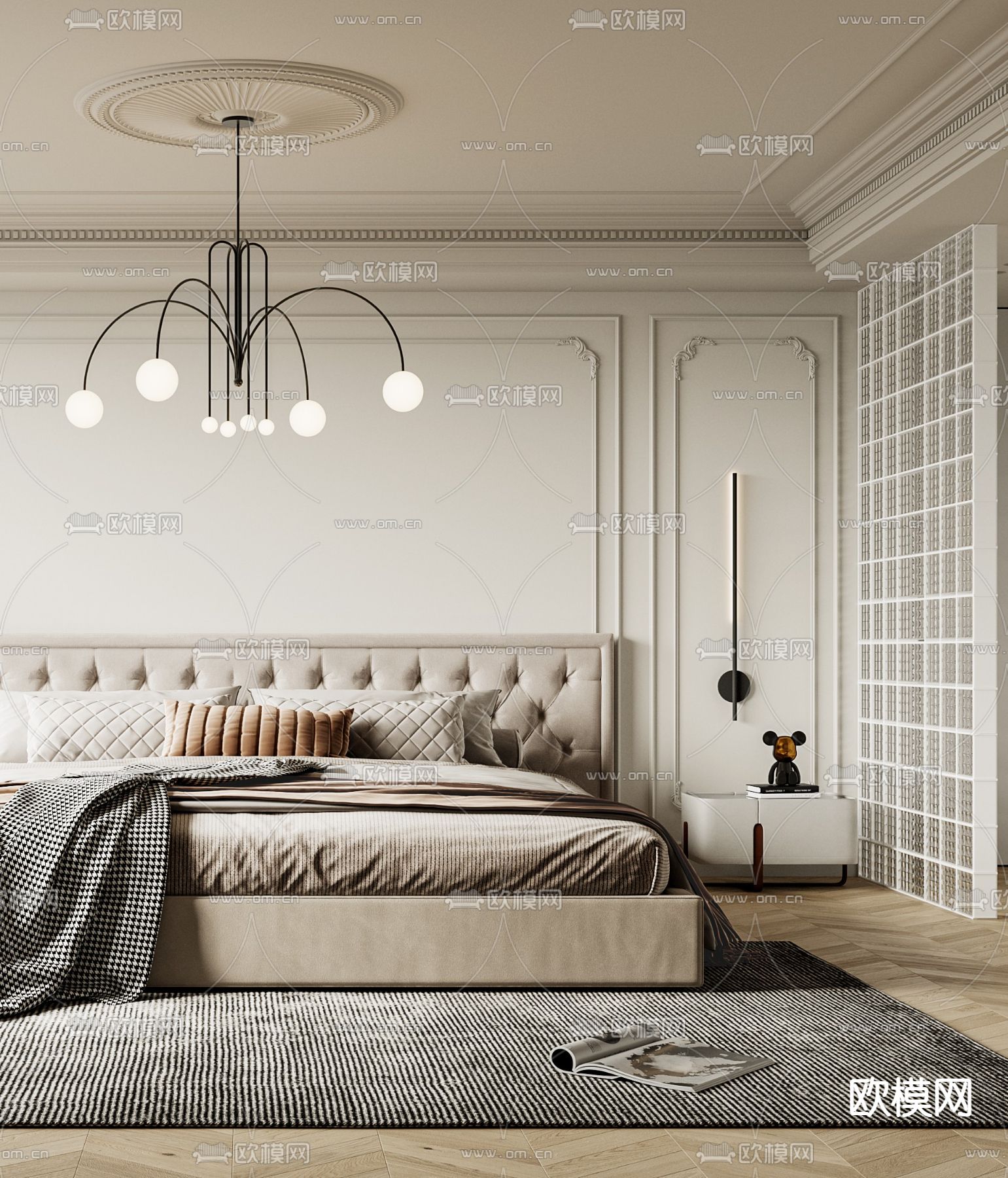 简欧卧室su模型下载（渲染图2）