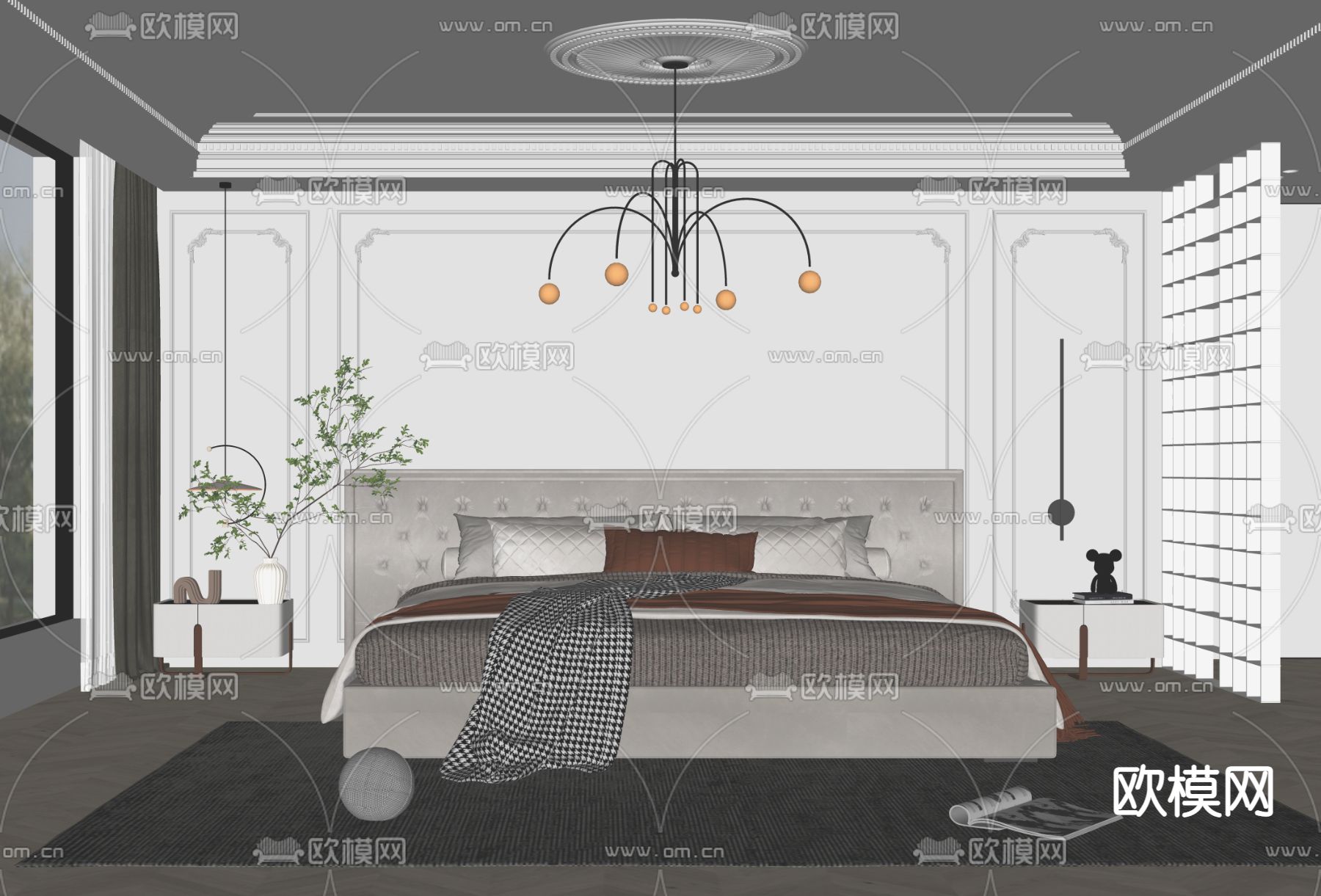 简欧卧室su模型下载（渲染图3）