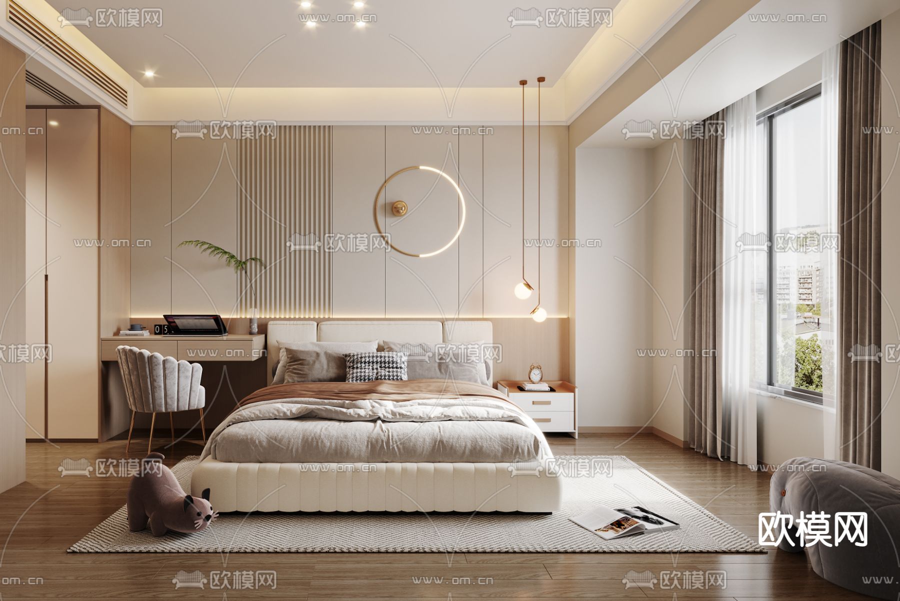 奶油风卧室主人房3d模型下载（渲染图2）