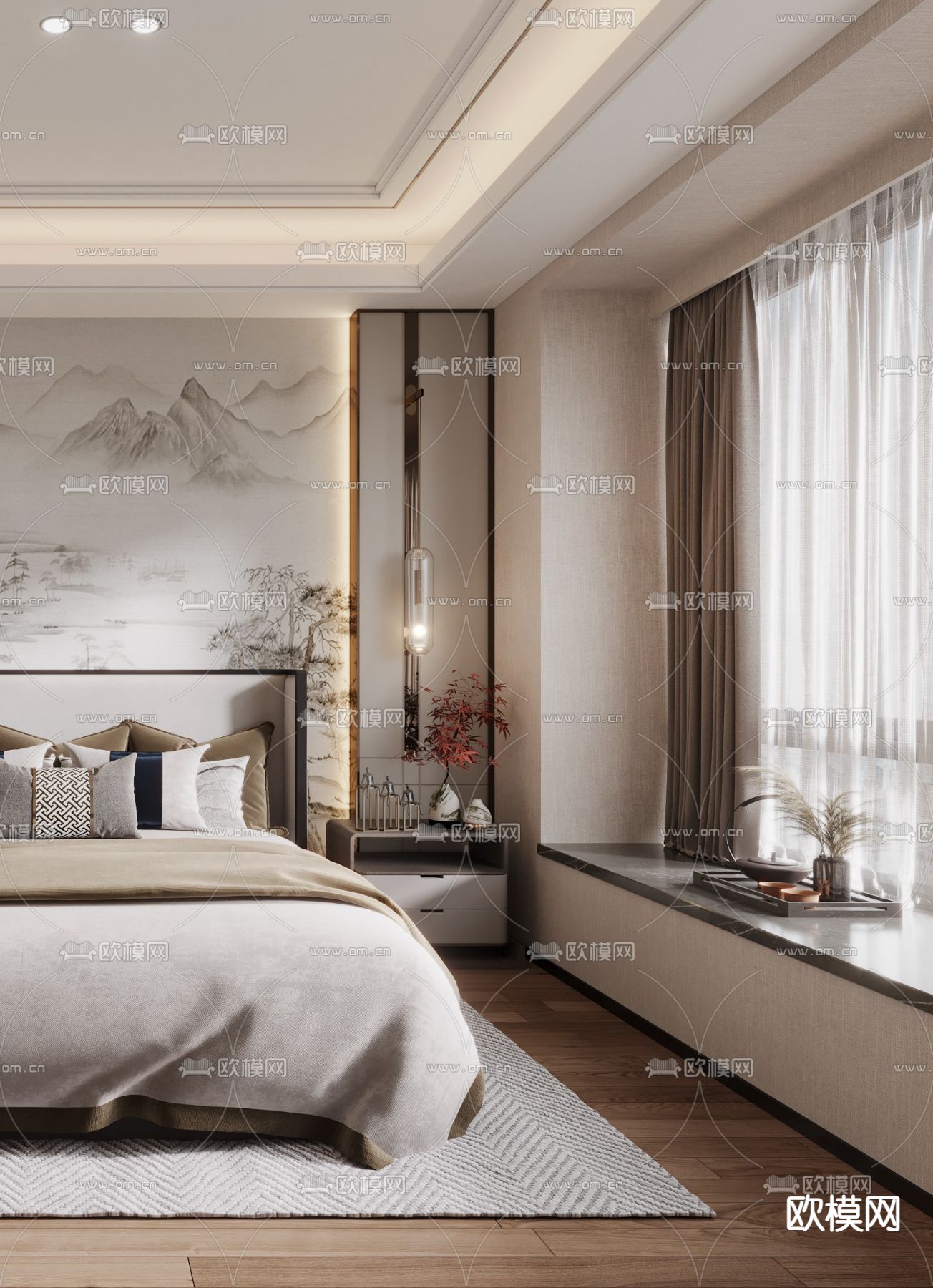 新中式卧室su模型下载（渲染图2）