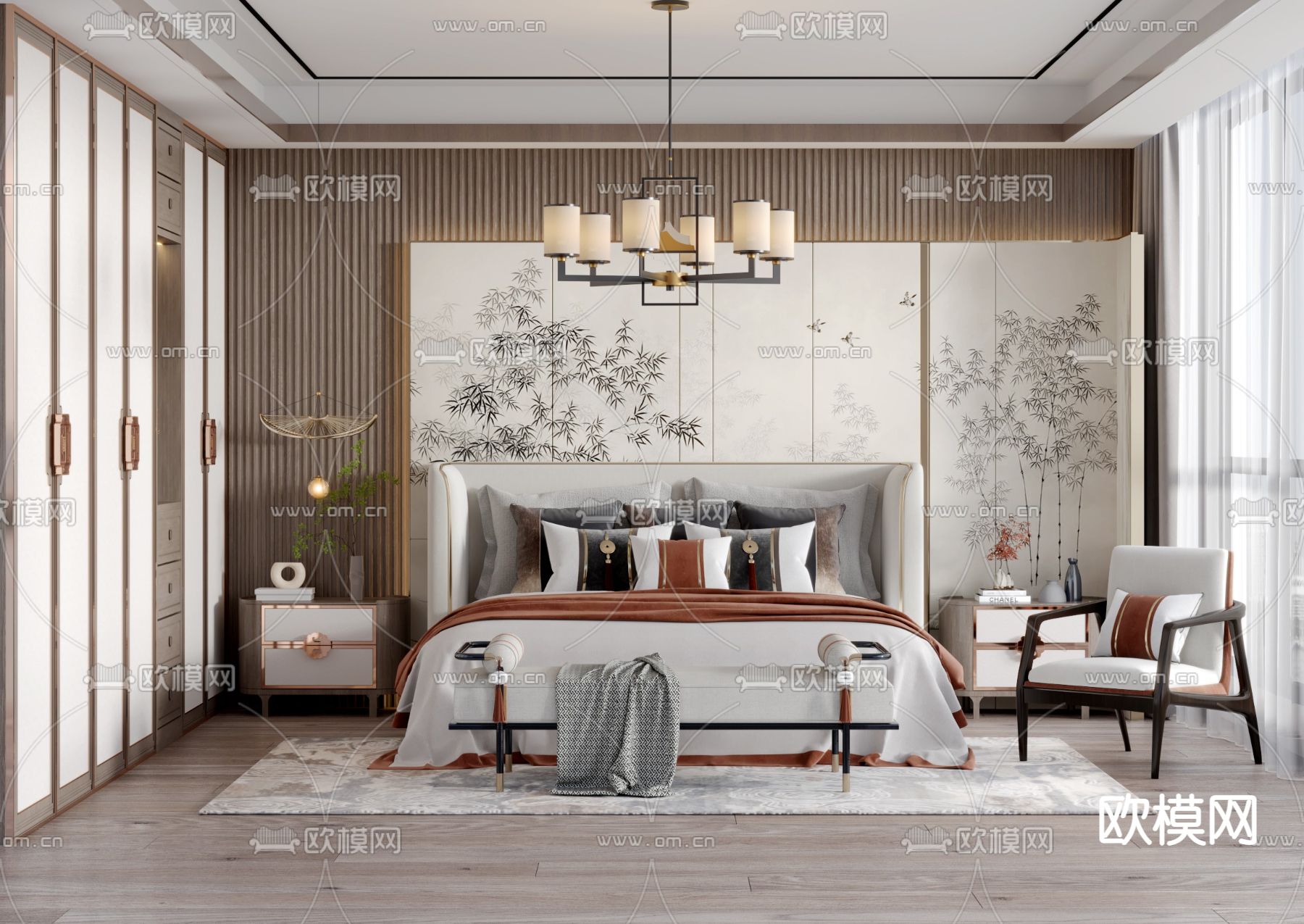 新中式卧室主人房su模型下载（渲染图1）